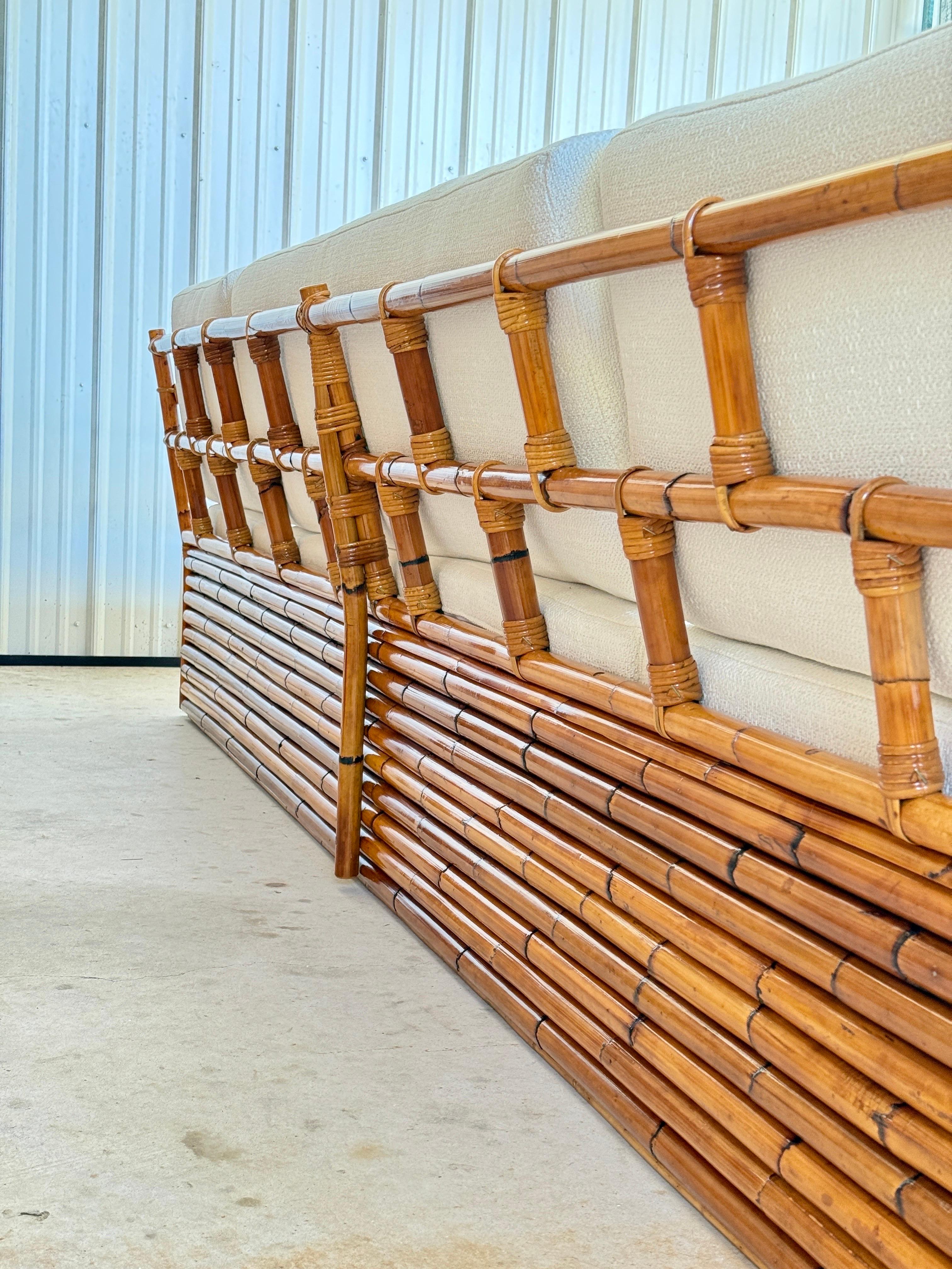 Mid-20th Century Monumental Restored Stacked Rattan Sofa With Custom Upholstery In Good Condition For Sale In North Fort Myers, FL