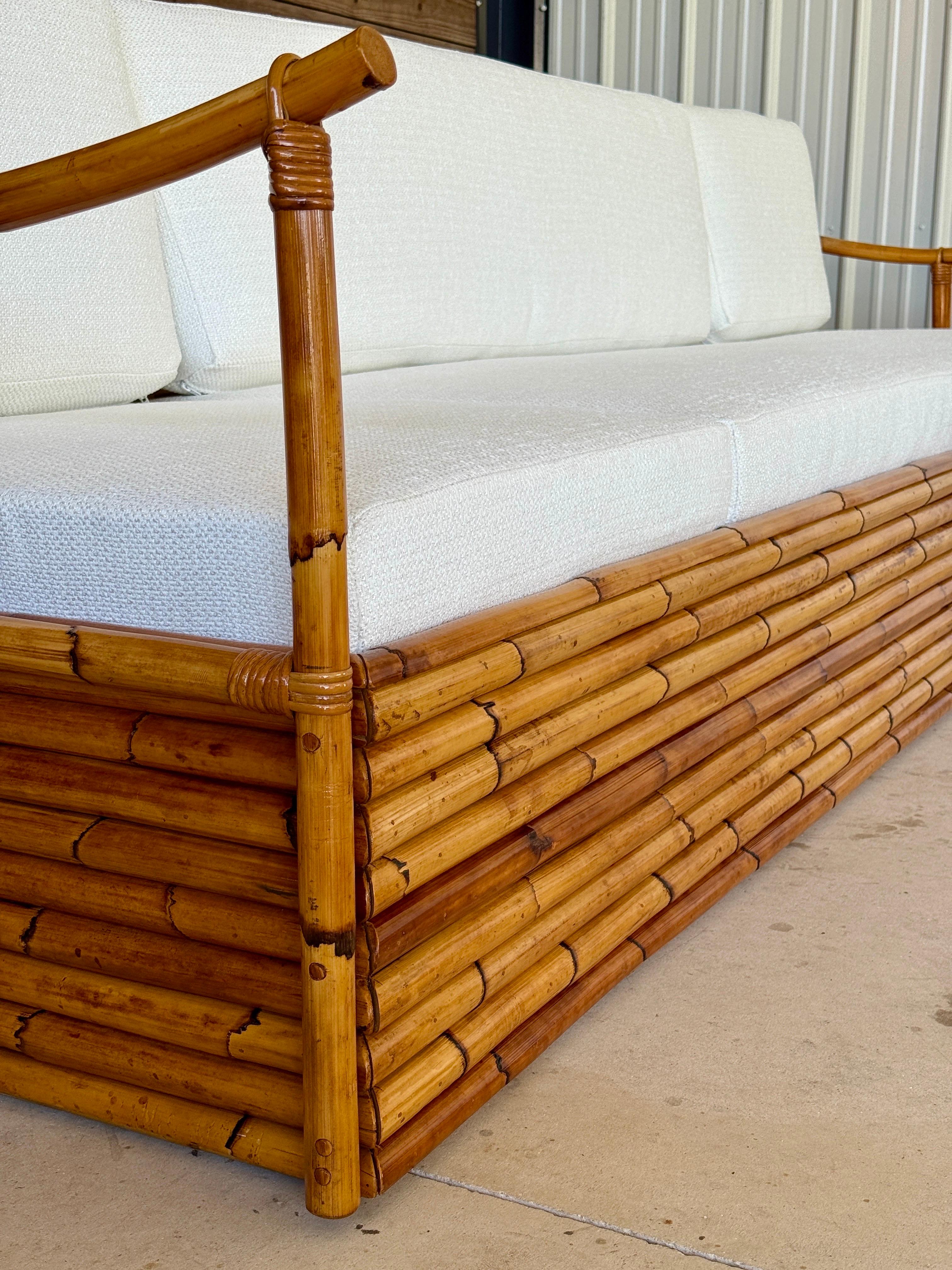 Mid-20th Century Monumental Restored Stacked Rattan Sofa With Custom Upholstery For Sale 1