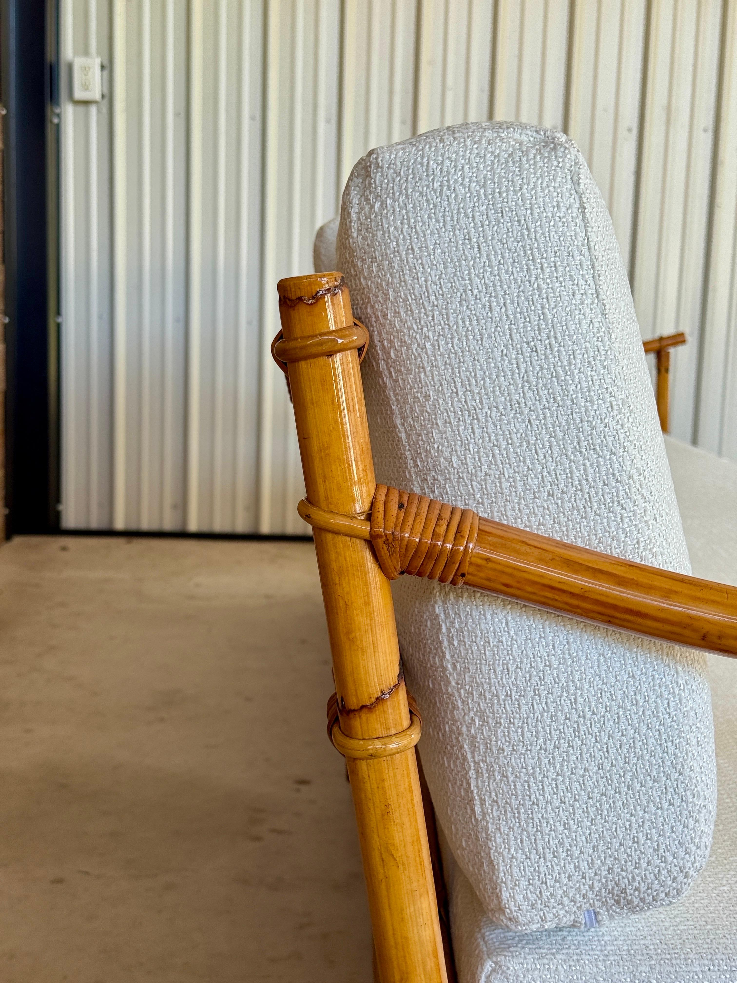 Mid-20th Century Monumental Restored Stacked Rattan Sofa With Custom Upholstery For Sale 2