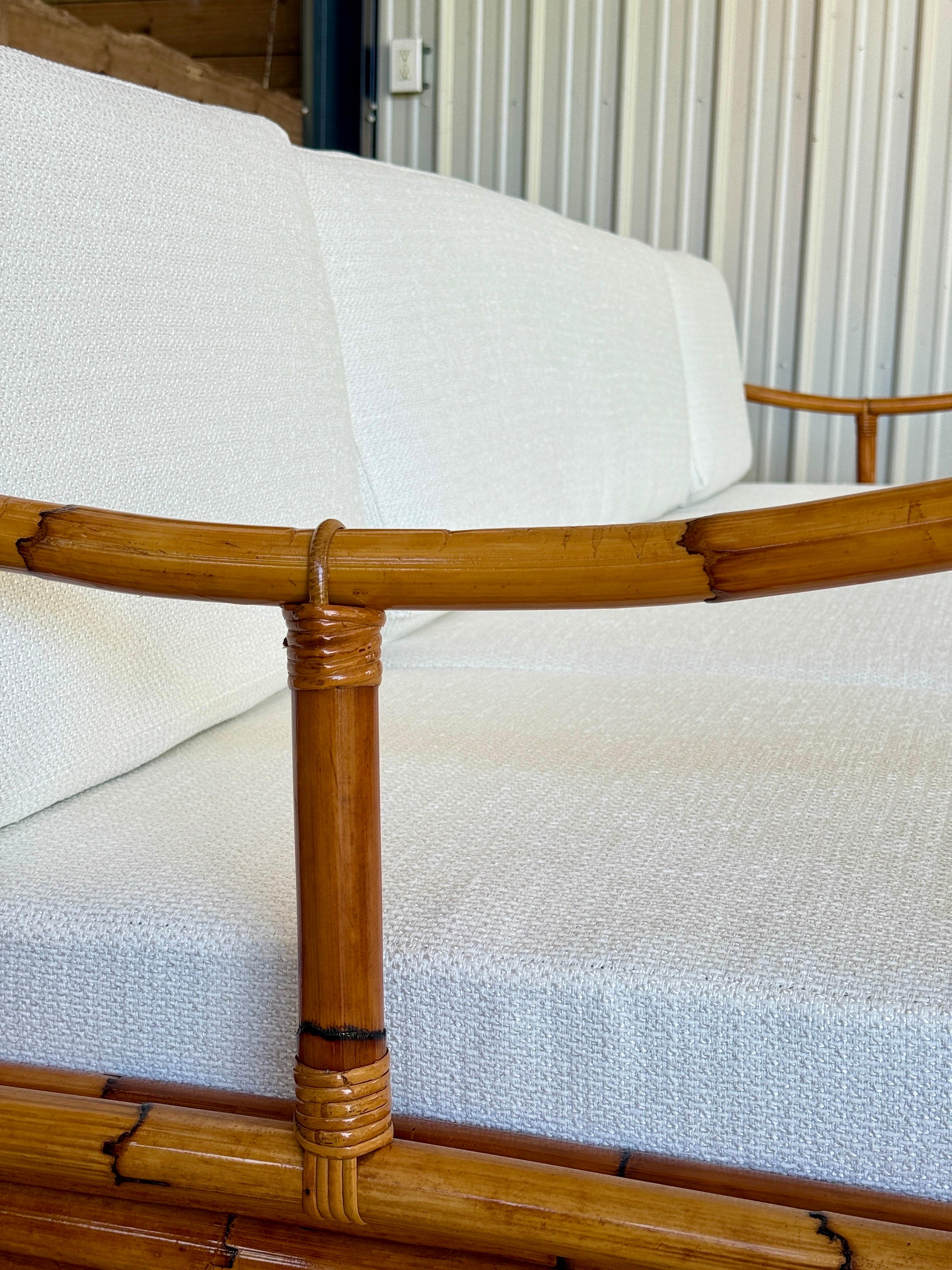 Mid-20th Century Monumental Restored Stacked Rattan Sofa With Custom Upholstery For Sale 3
