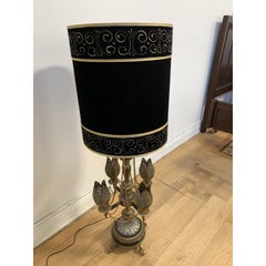 Mid-20th Century Moroccan 5-Light Metal Table Lamp with Velvet Shade