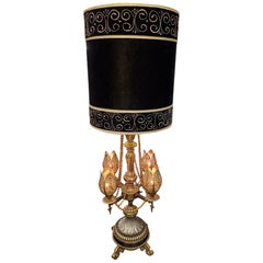 Mid-20th Century Moroccan 5-Light Metal Table Lamp with Velvet Shade