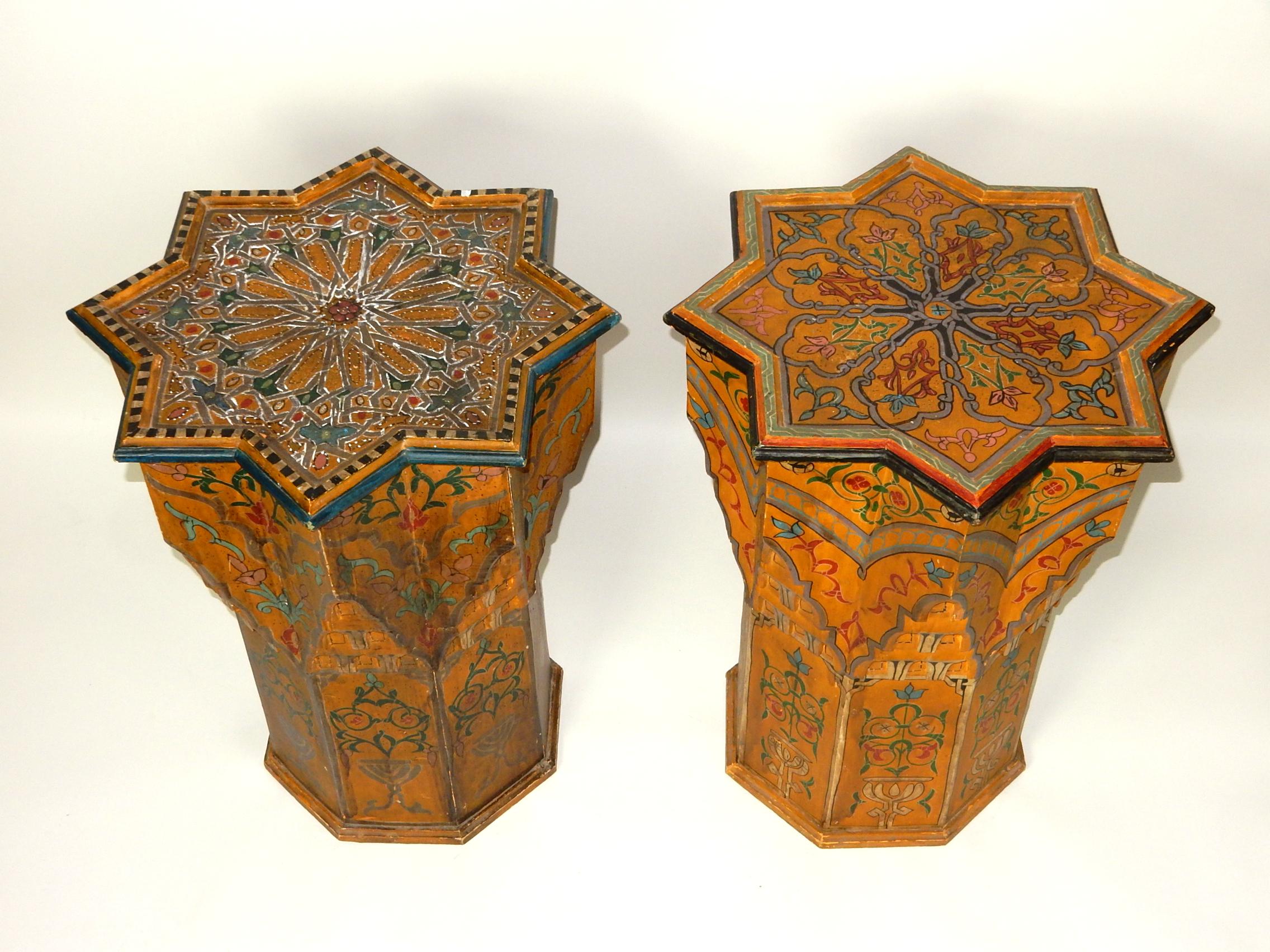 Mid-20th Century Moroccan Bohemian Hand Painted Octagonal Star Pedestal Tables 4