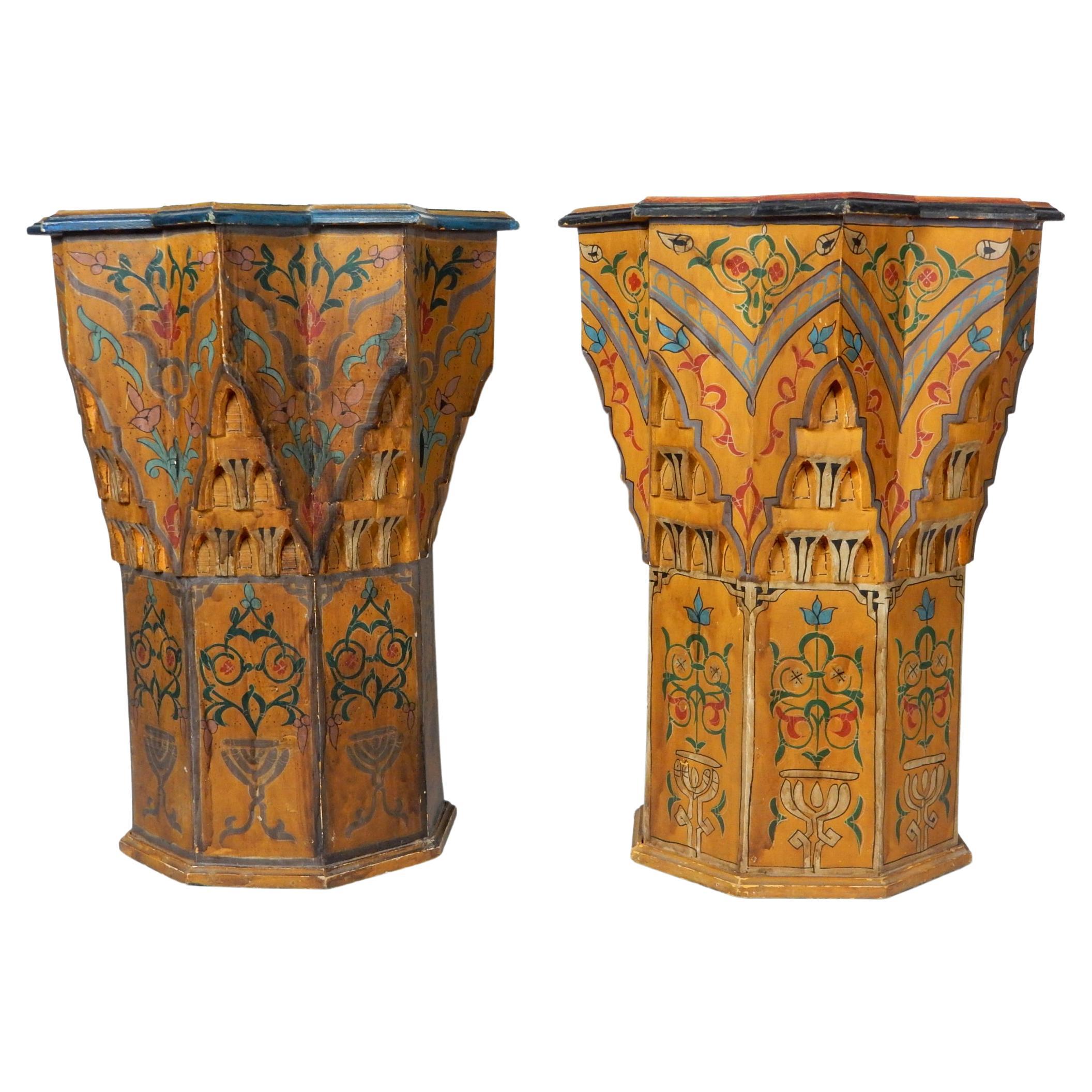 Vintage 1960s Moroccan hand-painted octagonal wooden pedestal tables with floral and geometric designs in traditional Mediterranean colors, decorated with arches on the sides.
Nice Moorish Bohemian accent addition to any room. Large pieces standing