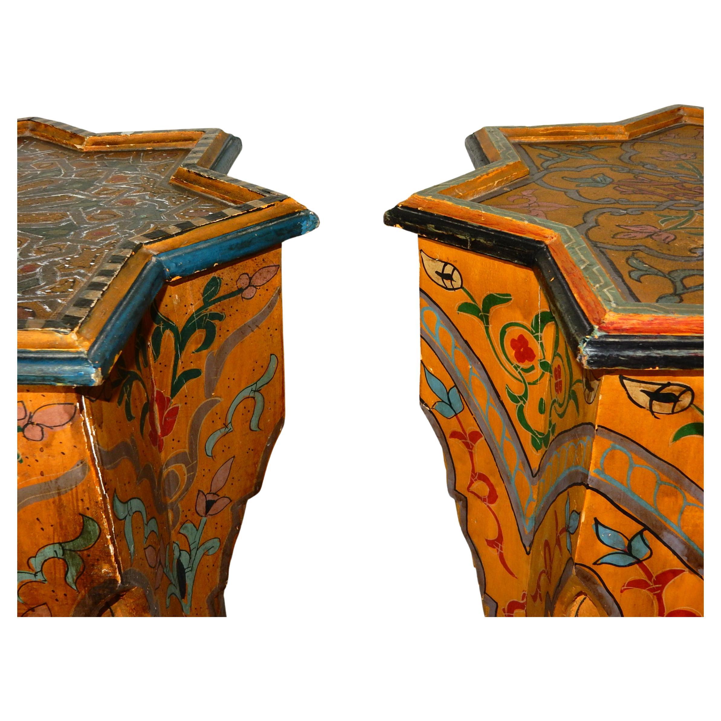 Moorish Mid-20th Century Moroccan Bohemian Hand Painted Octagonal Star Pedestal Tables