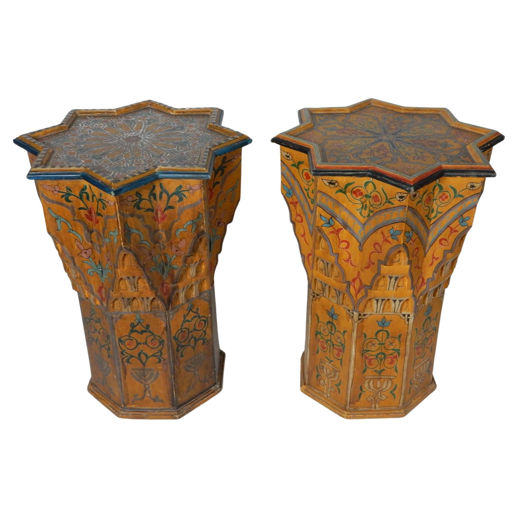 Hand-Painted Mid-20th Century Moroccan Bohemian Hand Painted Octagonal Star Pedestal Tables