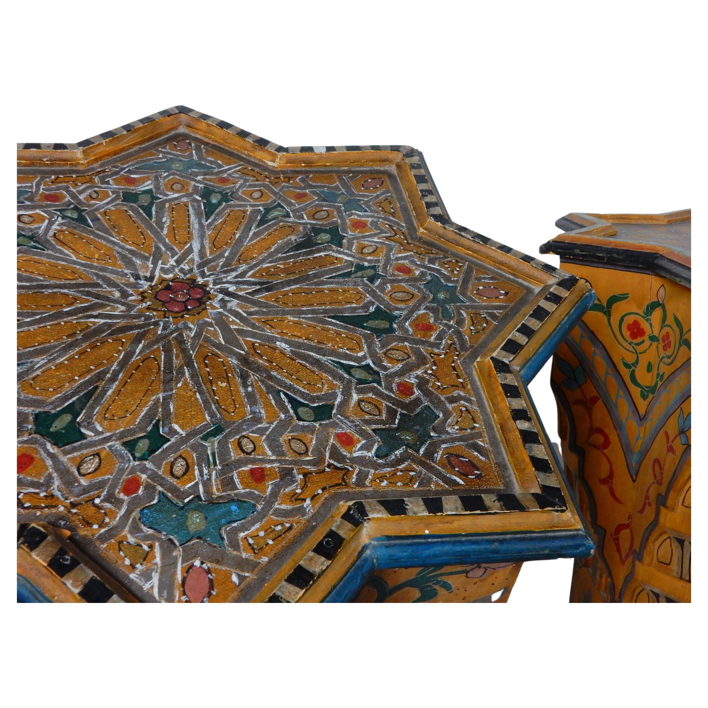 Mid-20th Century Moroccan Bohemian Hand Painted Octagonal Star Pedestal Tables In Good Condition In Las Vegas, NV