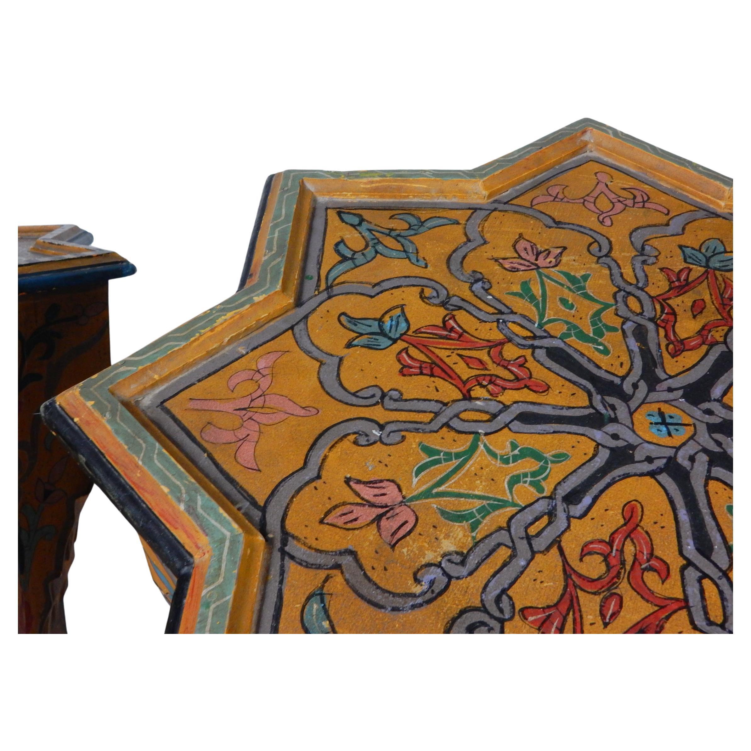 Wood Mid-20th Century Moroccan Bohemian Hand Painted Octagonal Star Pedestal Tables