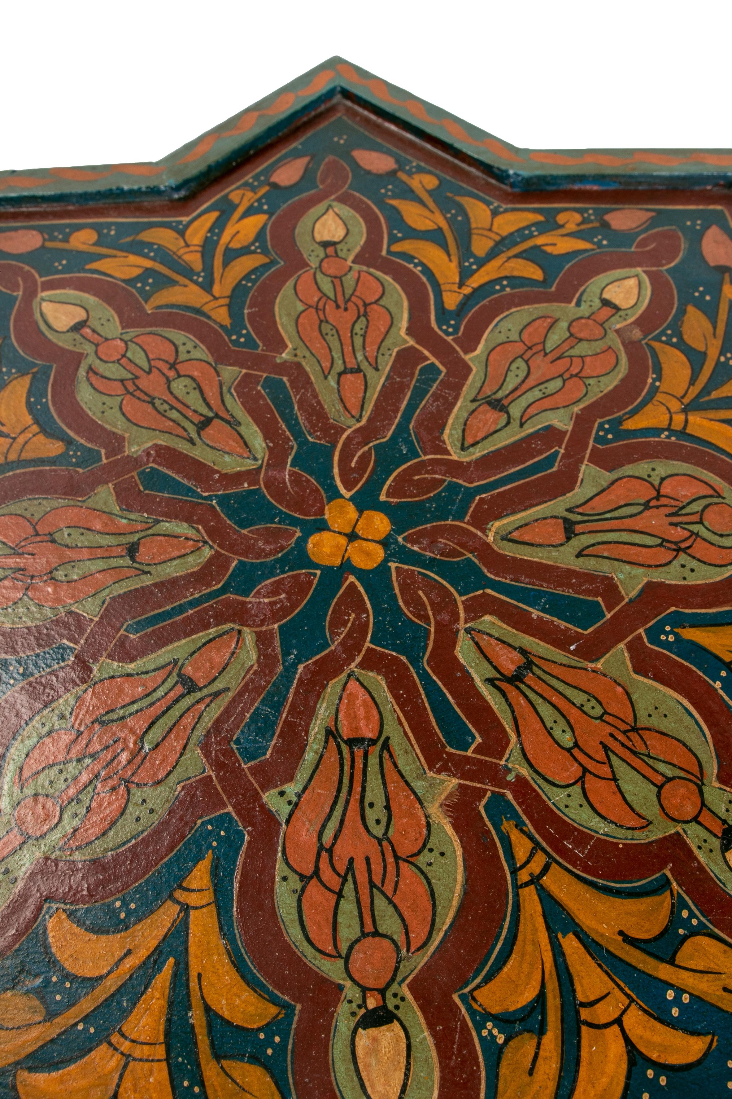 Mid-20th Century Moroccan Hand Painted 8-Point Star Wooden Pedestal Table 9