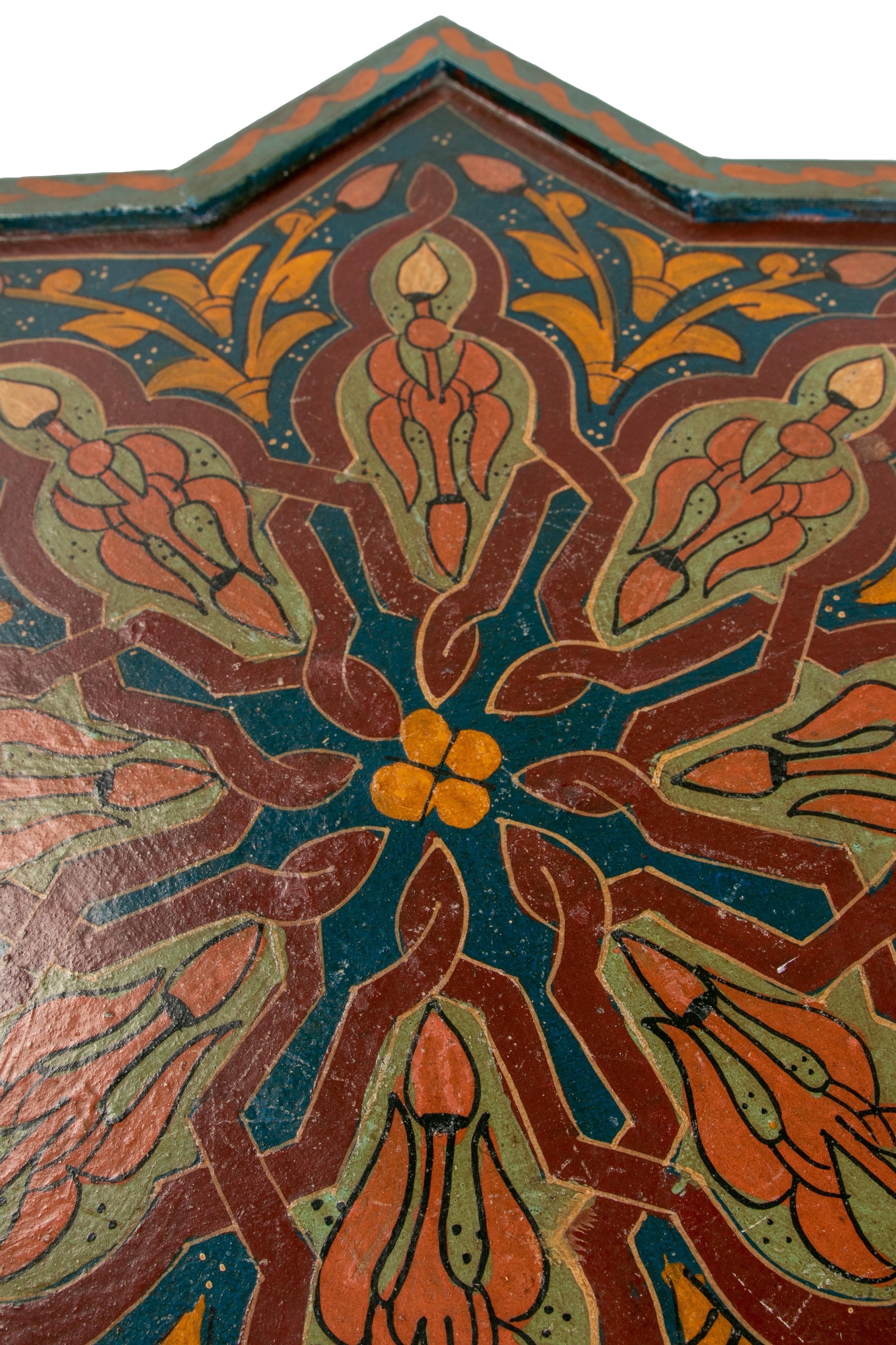 Mid-20th Century Moroccan Hand Painted 8-Point Star Wooden Pedestal Table 12