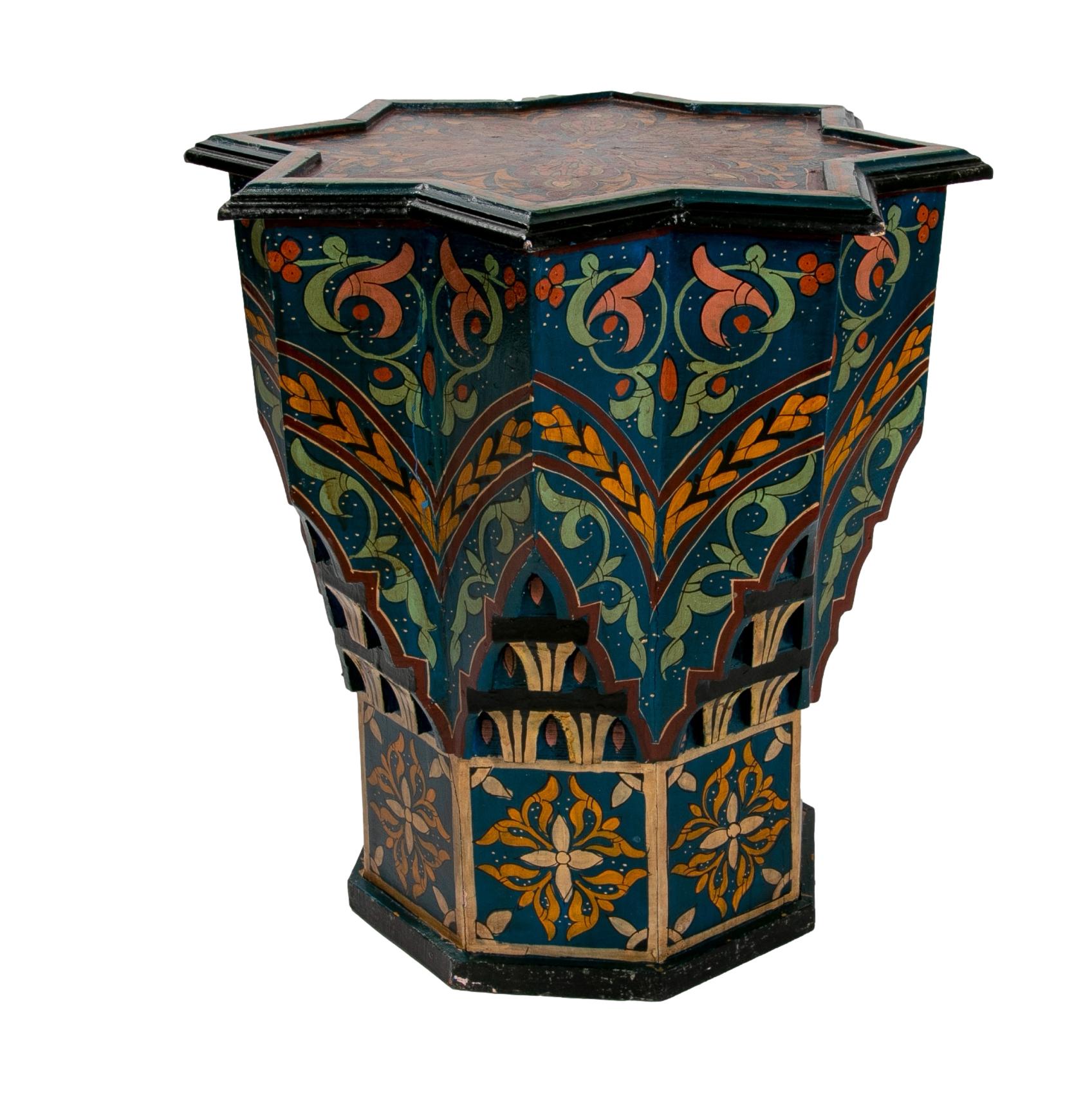 Mid-20th Century Moroccan Hand Painted 8-Point Star Wooden Pedestal Table 1