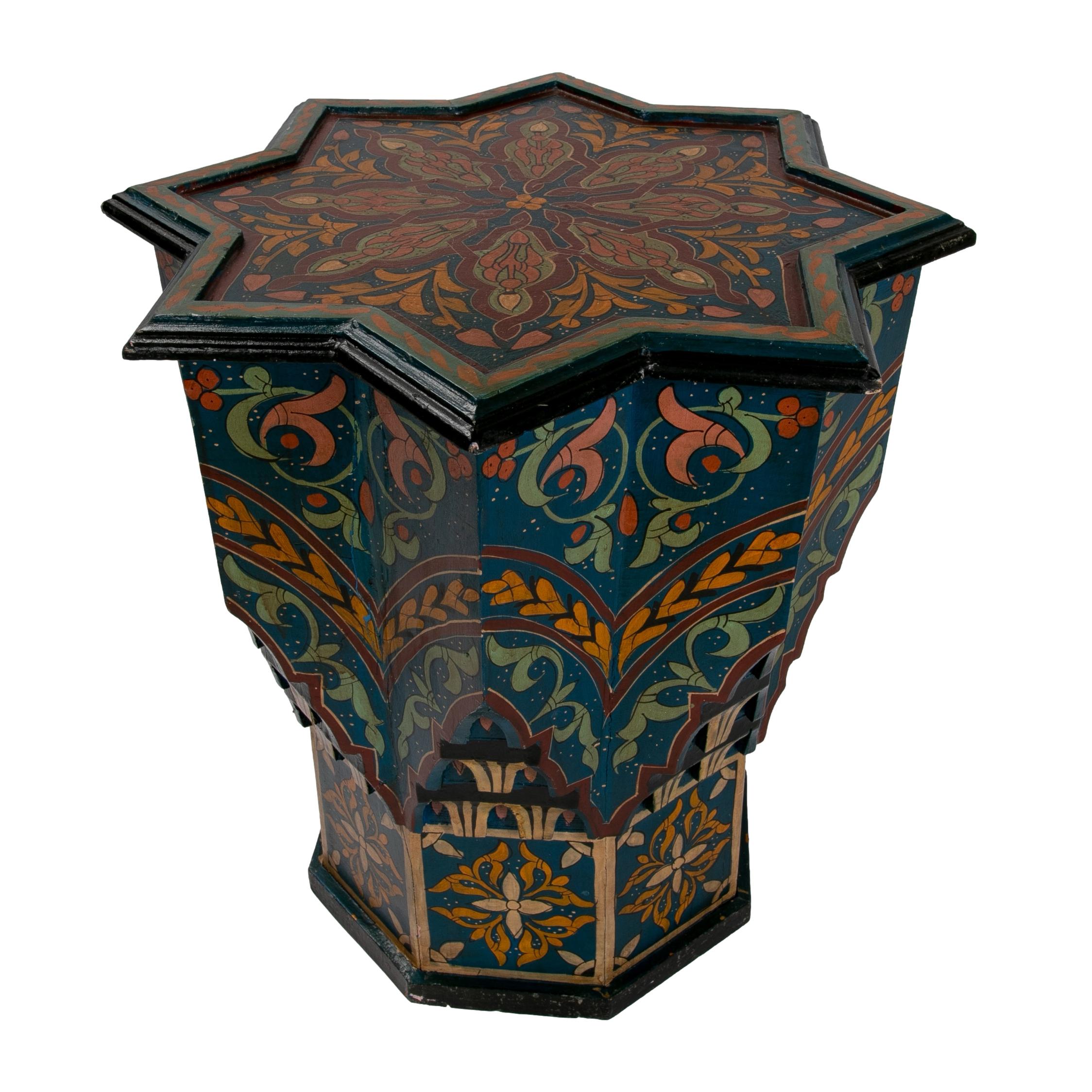 Mid-20th Century Moroccan Hand Painted 8-Point Star Wooden Pedestal Table 2