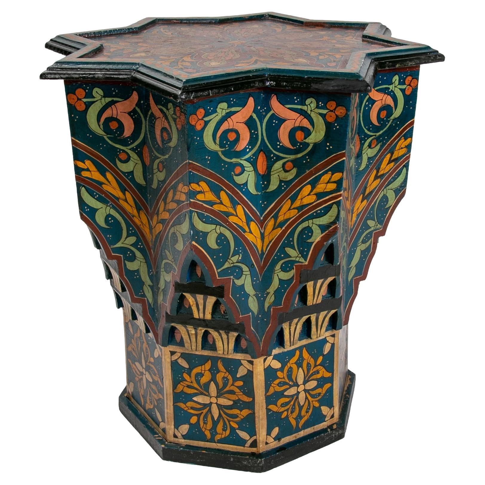 Mid-20th Century Moroccan Hand Painted 8-Point Star Wooden Pedestal Table