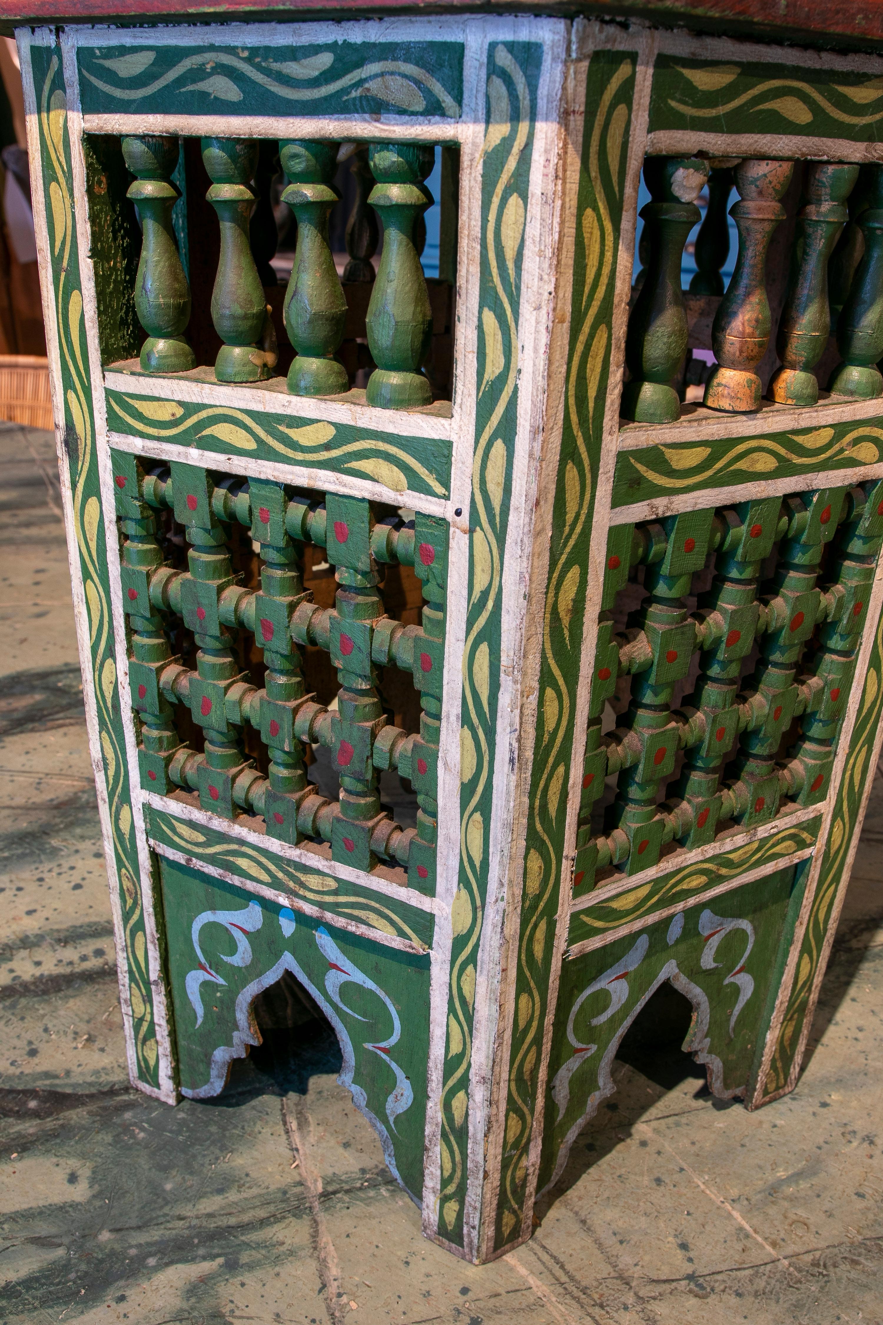 Mid-20th Century Moroccan Hand Painted Hexagonal Wooden Pedestal Table 6