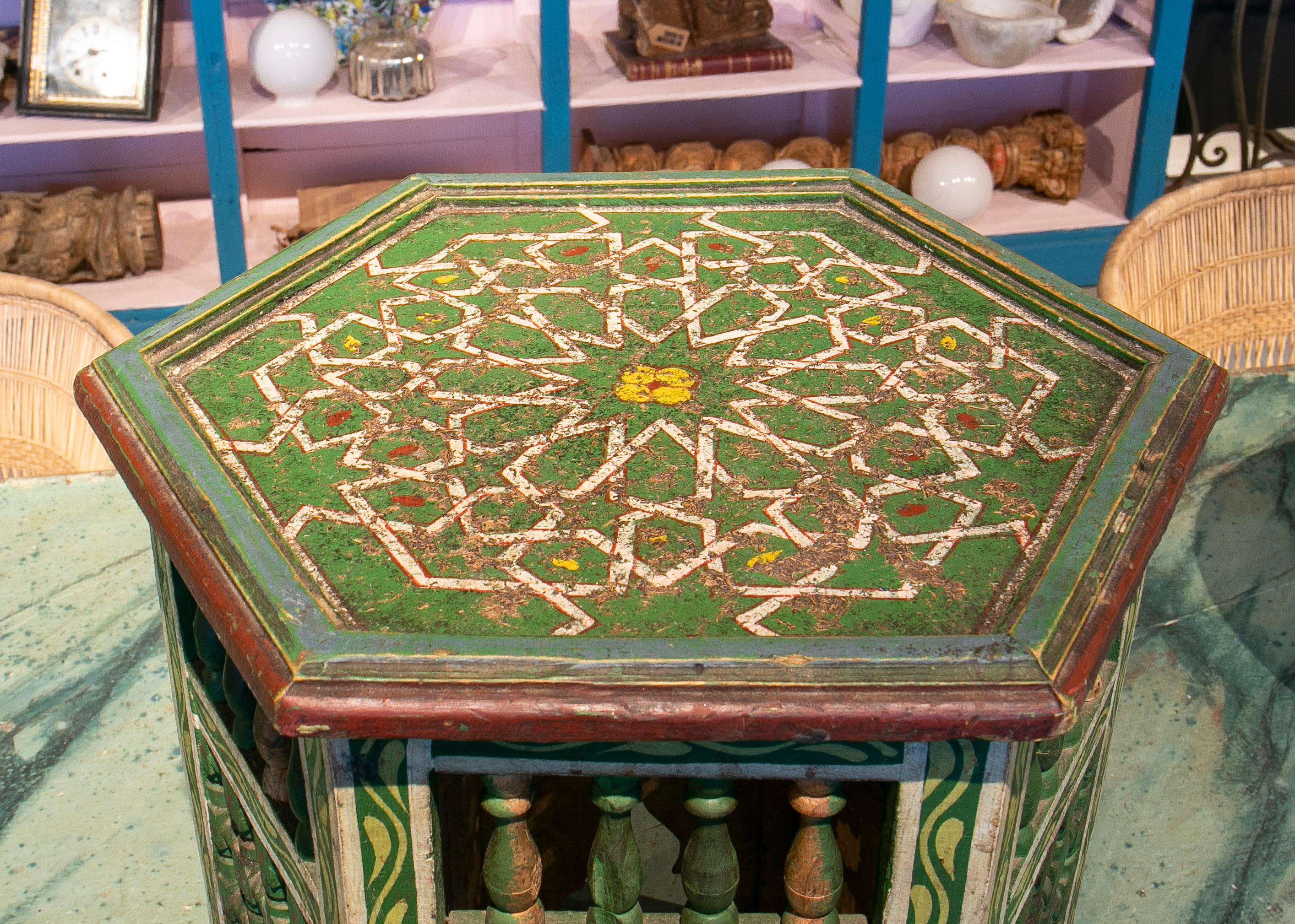 Mid-20th Century Moroccan Hand Painted Hexagonal Wooden Pedestal Table 13