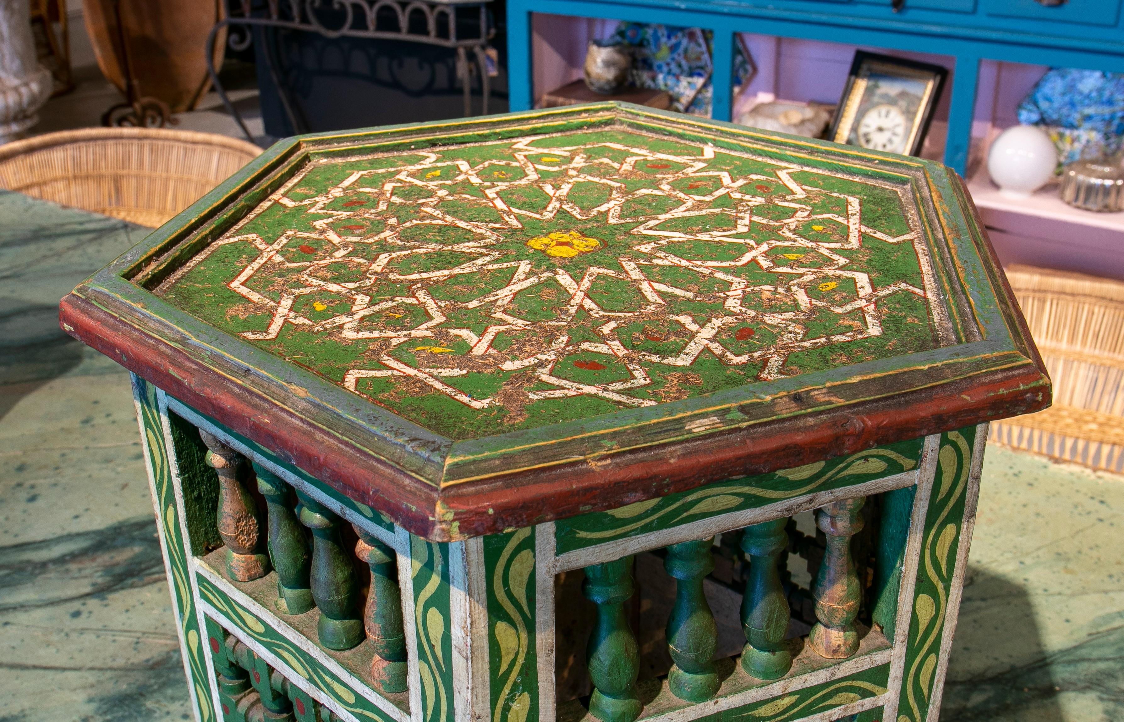 Mid-20th Century Moroccan Hand Painted Hexagonal Wooden Pedestal Table 14