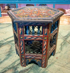 Mid-20th Century Moroccan Hand Painted Hexagonal Wooden Pedestal Table
