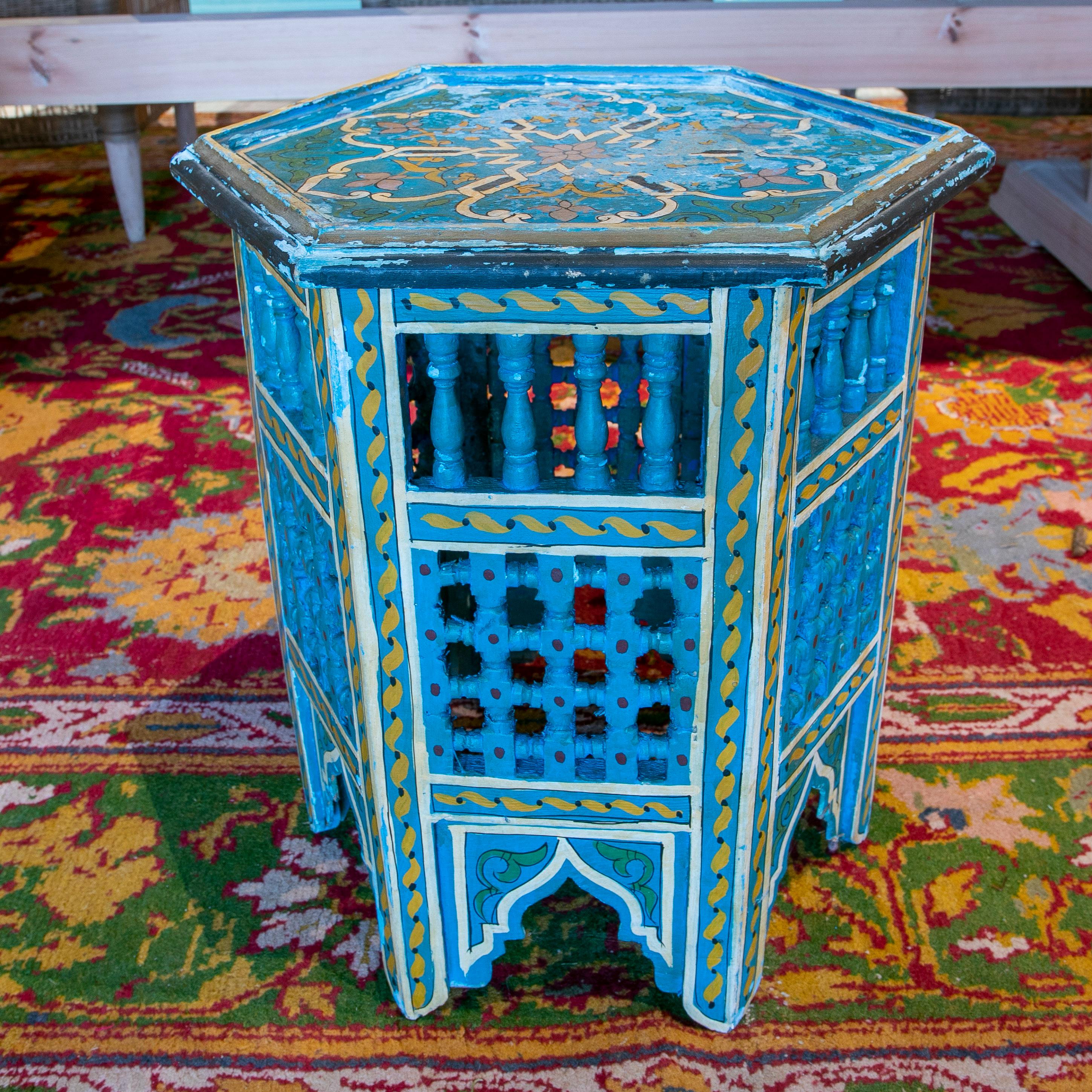 Hand-Painted Mid-20th Century Moroccan Hand Painted Hexagonal Wooden Pedestal Table