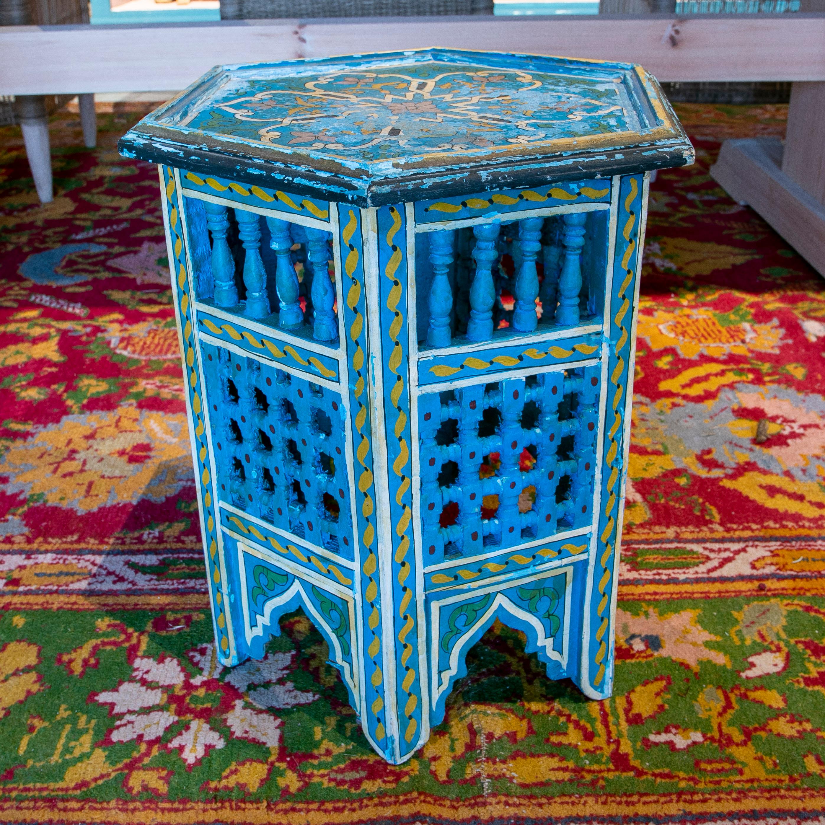 Mid-20th Century Moroccan Hand Painted Hexagonal Wooden Pedestal Table 1
