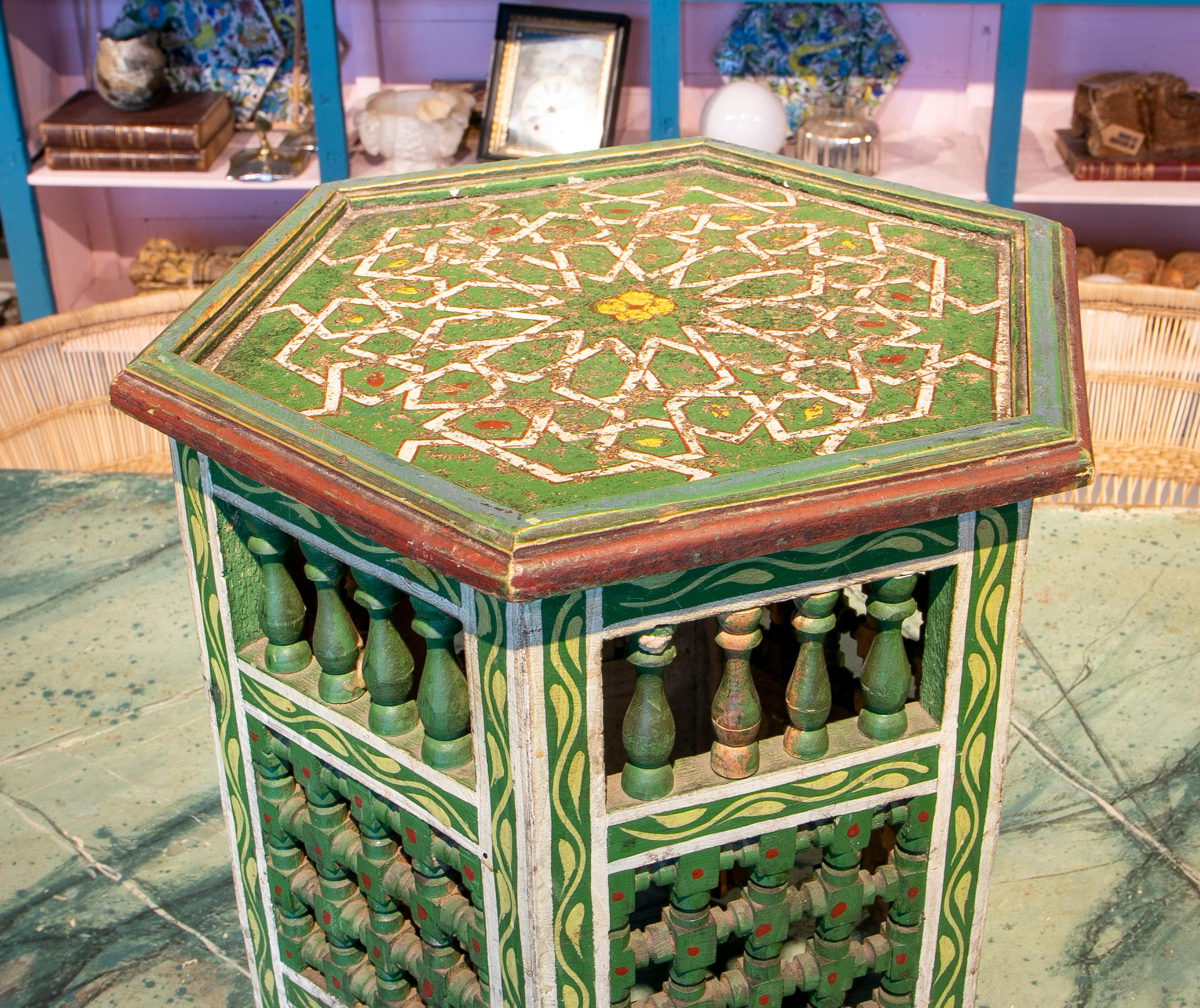 Mid-20th Century Moroccan Hand Painted Hexagonal Wooden Pedestal Table 2