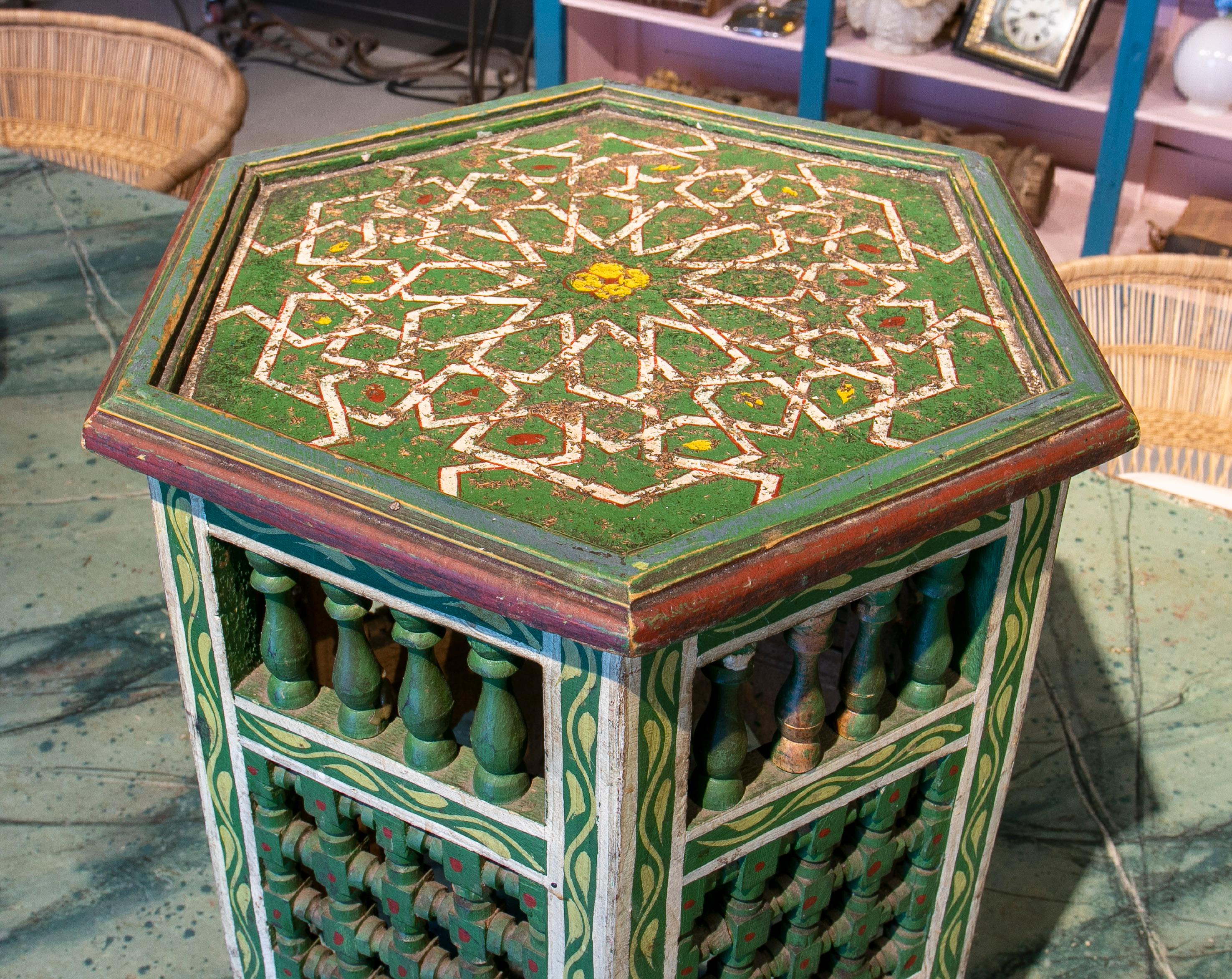 Mid-20th Century Moroccan Hand Painted Hexagonal Wooden Pedestal Table 3