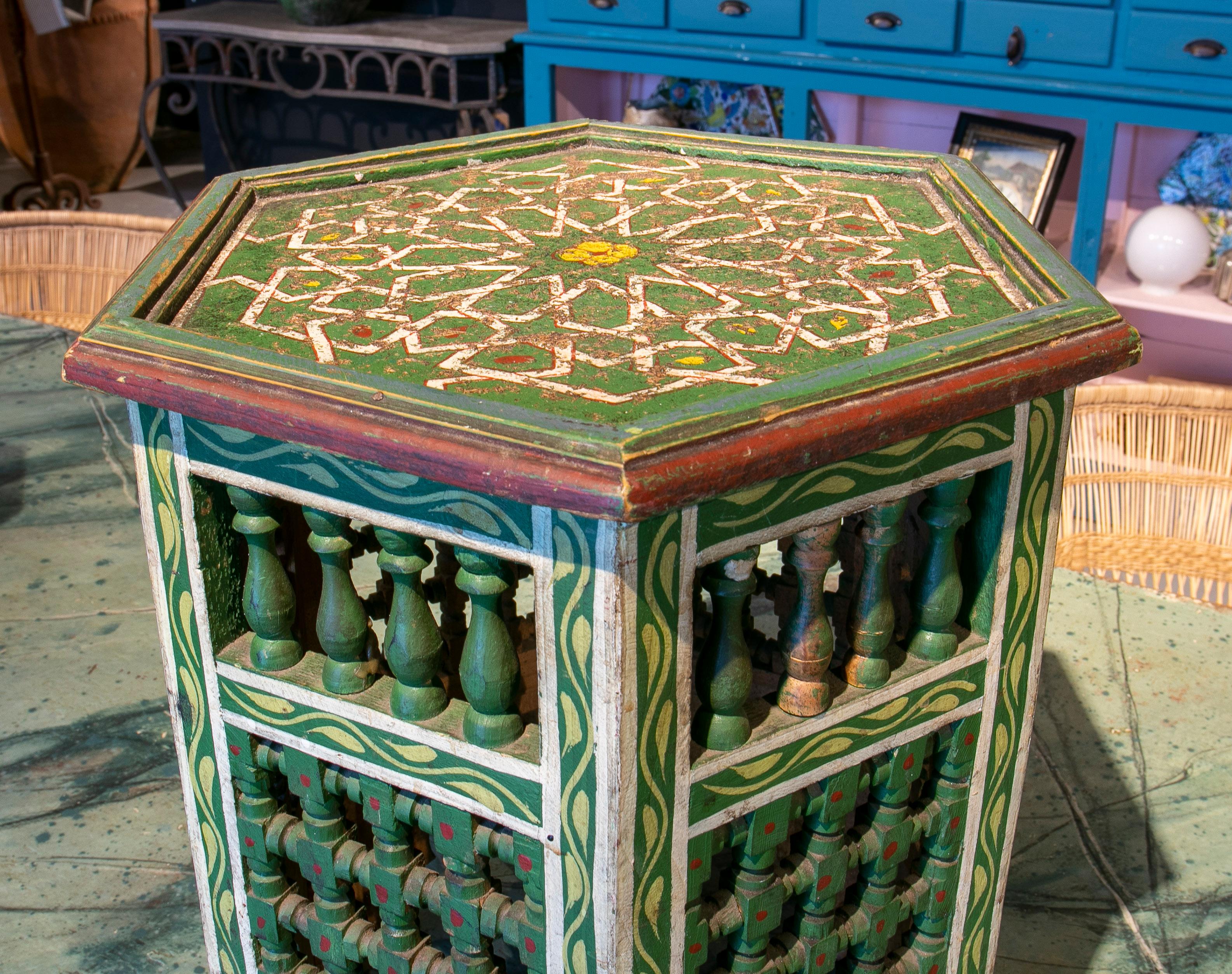 Mid-20th Century Moroccan Hand Painted Hexagonal Wooden Pedestal Table 4