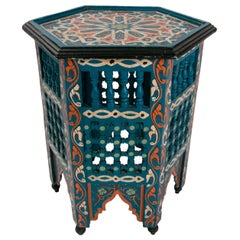 Mid-20th Century Moroccan Hand Painted Hexagonal Wooden Pedestal Table
