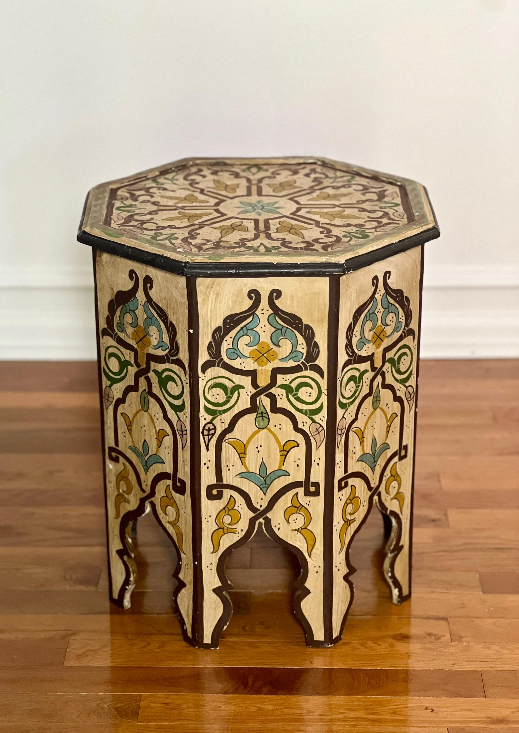 Mid 20th Century Moroccan Hand-Painted Octagonal Side Table In Good Condition In Doylestown, PA