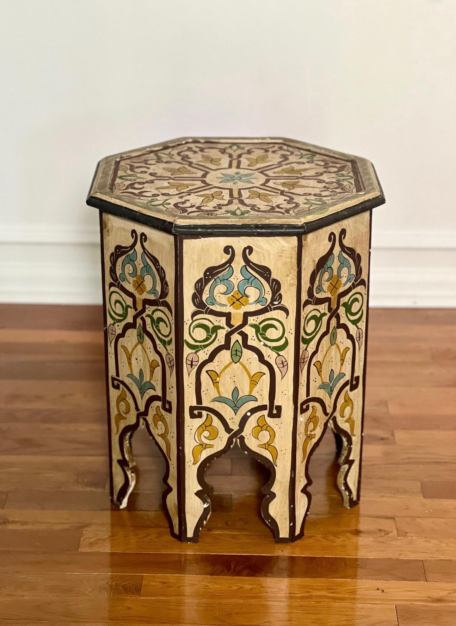 Wood Mid 20th Century Moroccan Hand-Painted Octagonal Side Table