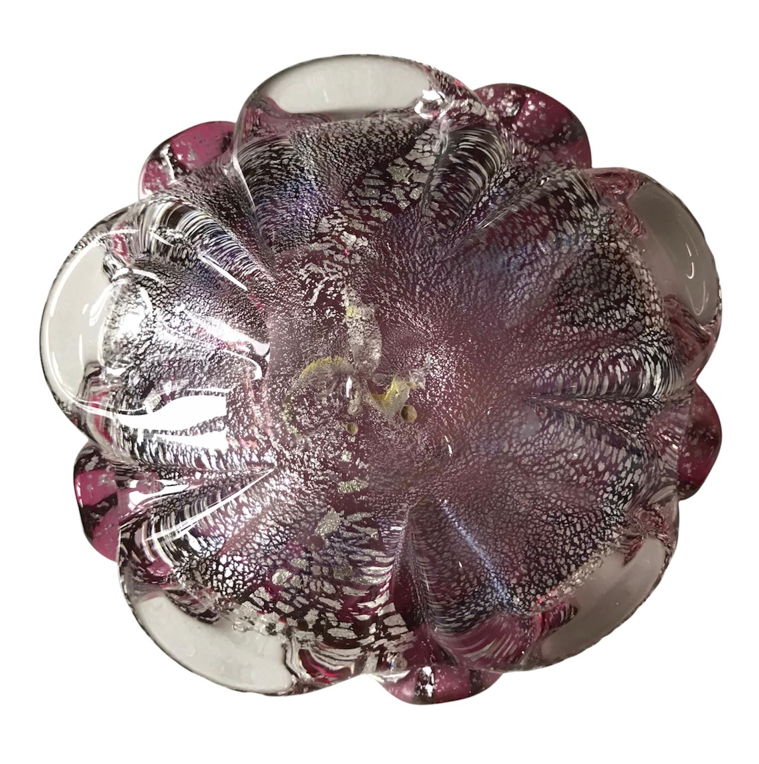 Italian Mid 20th Century Murano Pink Ruffle Bowl w/ Silver & Gold Specs For Sale