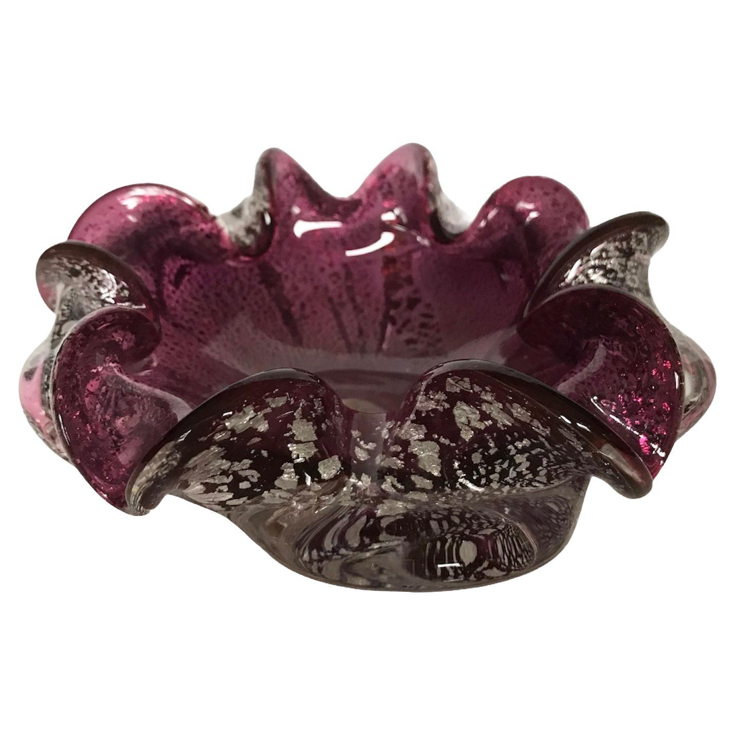 Mid 20th Century Murano Pink Ruffle Bowl w/ Silver & Gold Specs For Sale