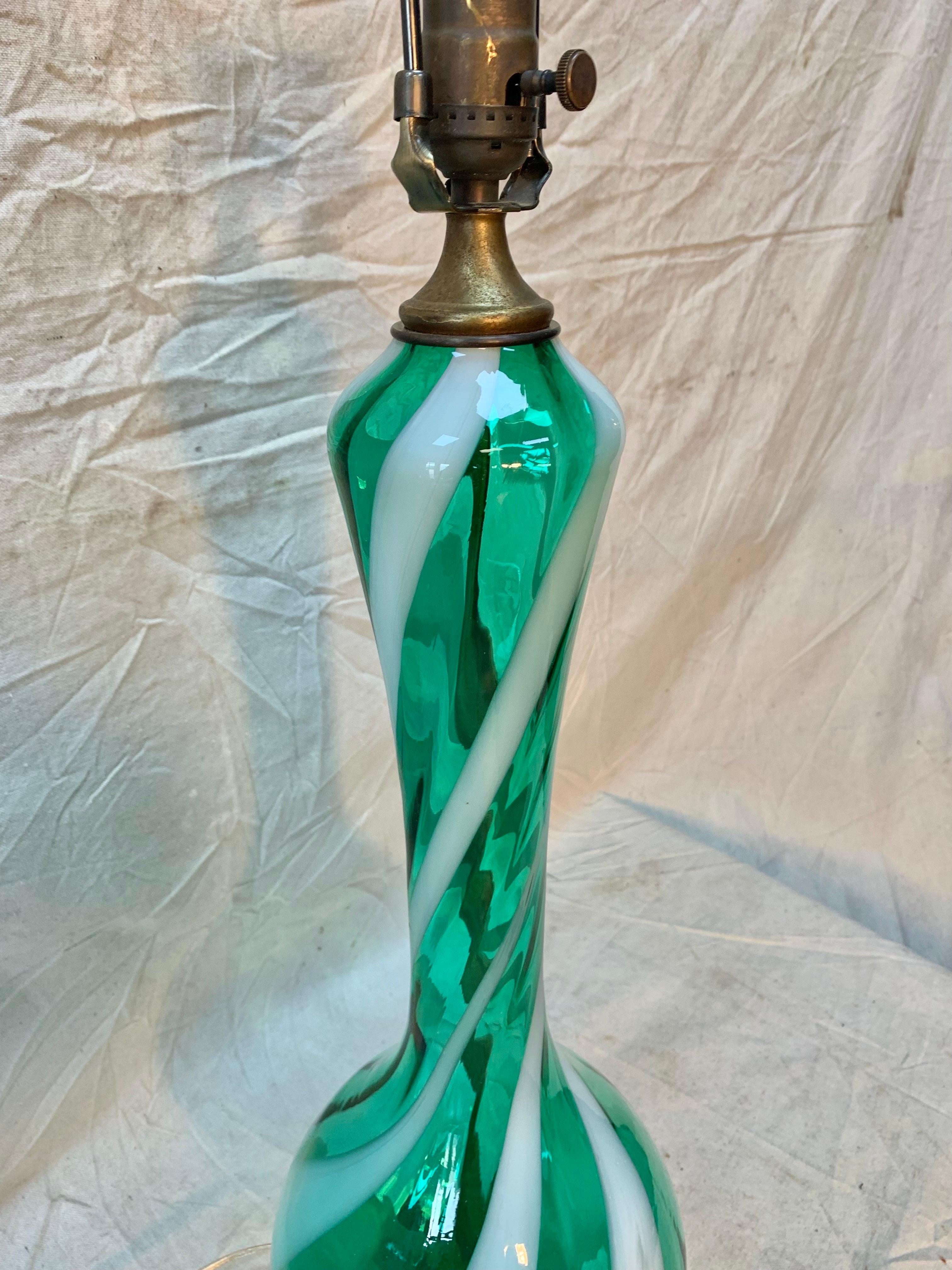 Brass Mid 20th Century Murano Swirl Glass Table Lamp For Sale