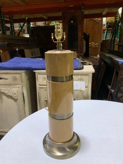 Mid-20th Century Mustard Painted Wood Lamp with Brass Rings