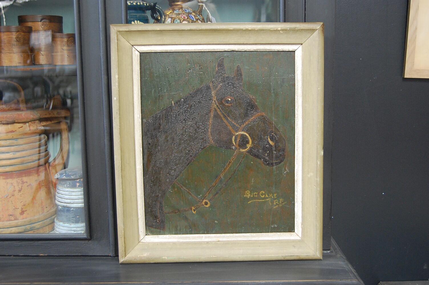 Naive oil on Panel of British thoroughbred race horse 