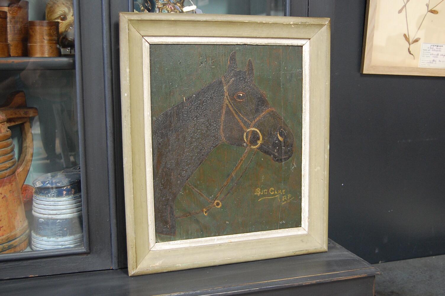 Mid-20th Century Naive Horse Portrait on Panel of King George VI Horse Big Game 1