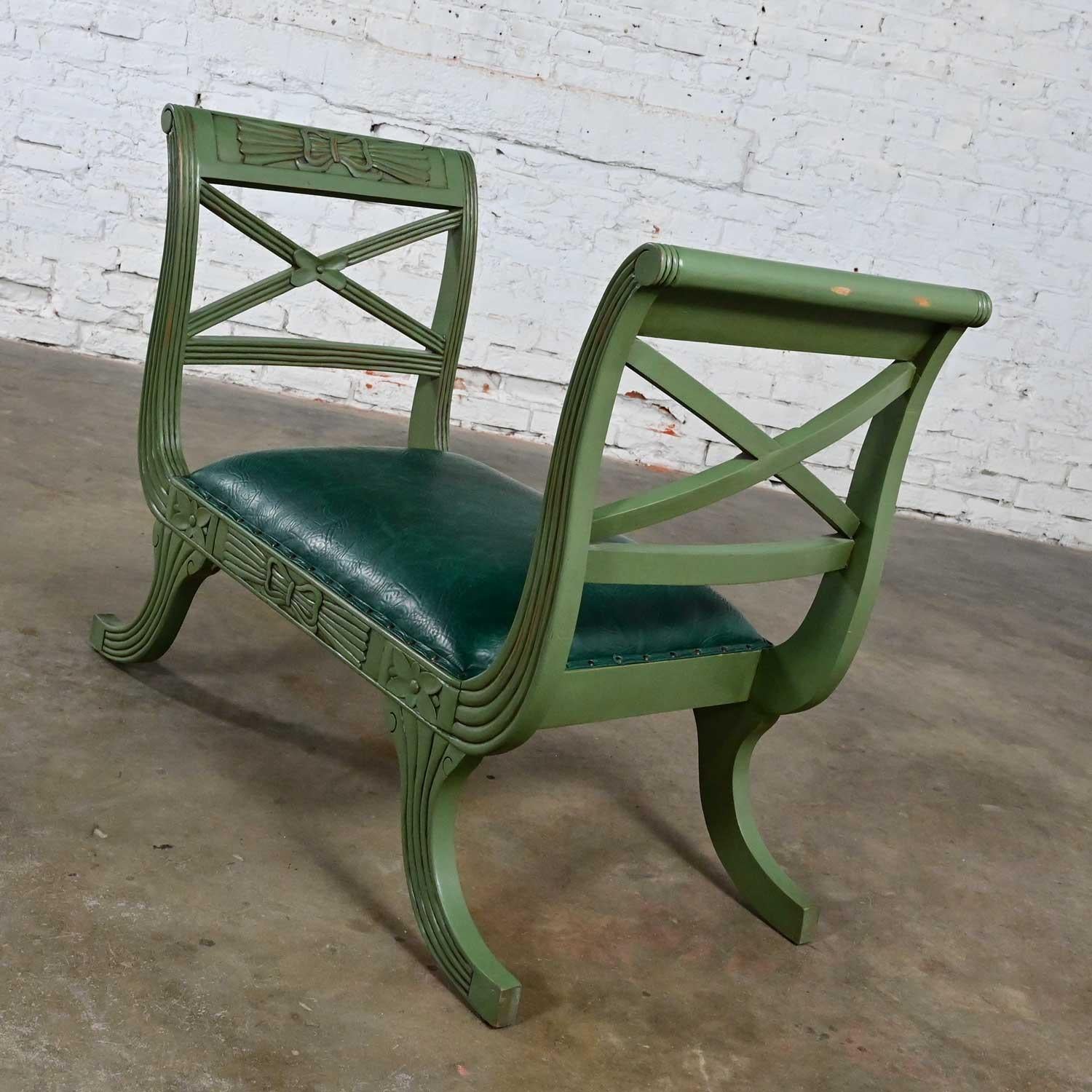 Mid-20th Century Neoclassic Style Hunter Green Faux Leather Short Bench or Stool For Sale 4