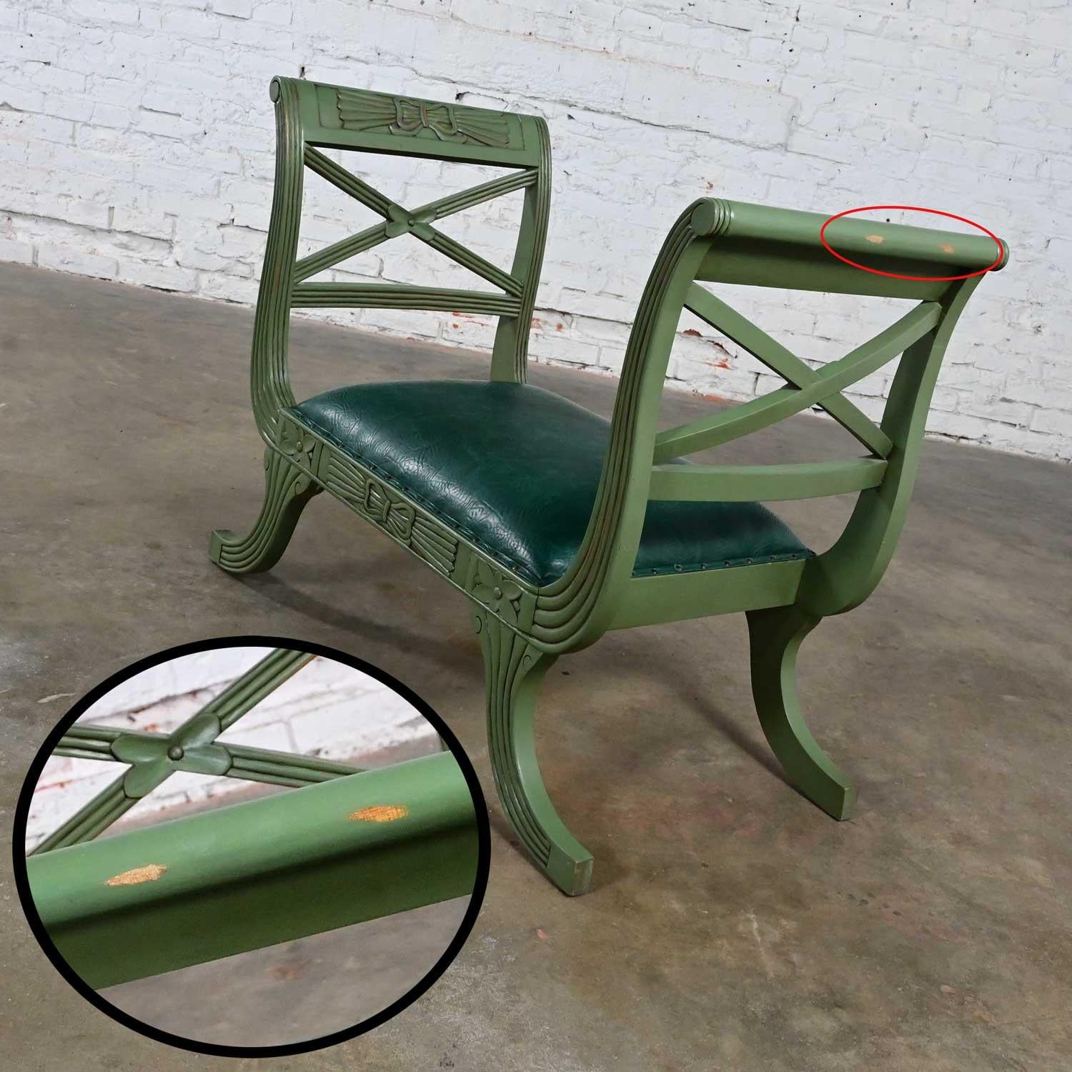 Mid-20th Century Neoclassic Style Hunter Green Faux Leather Short Bench or Stool For Sale 5