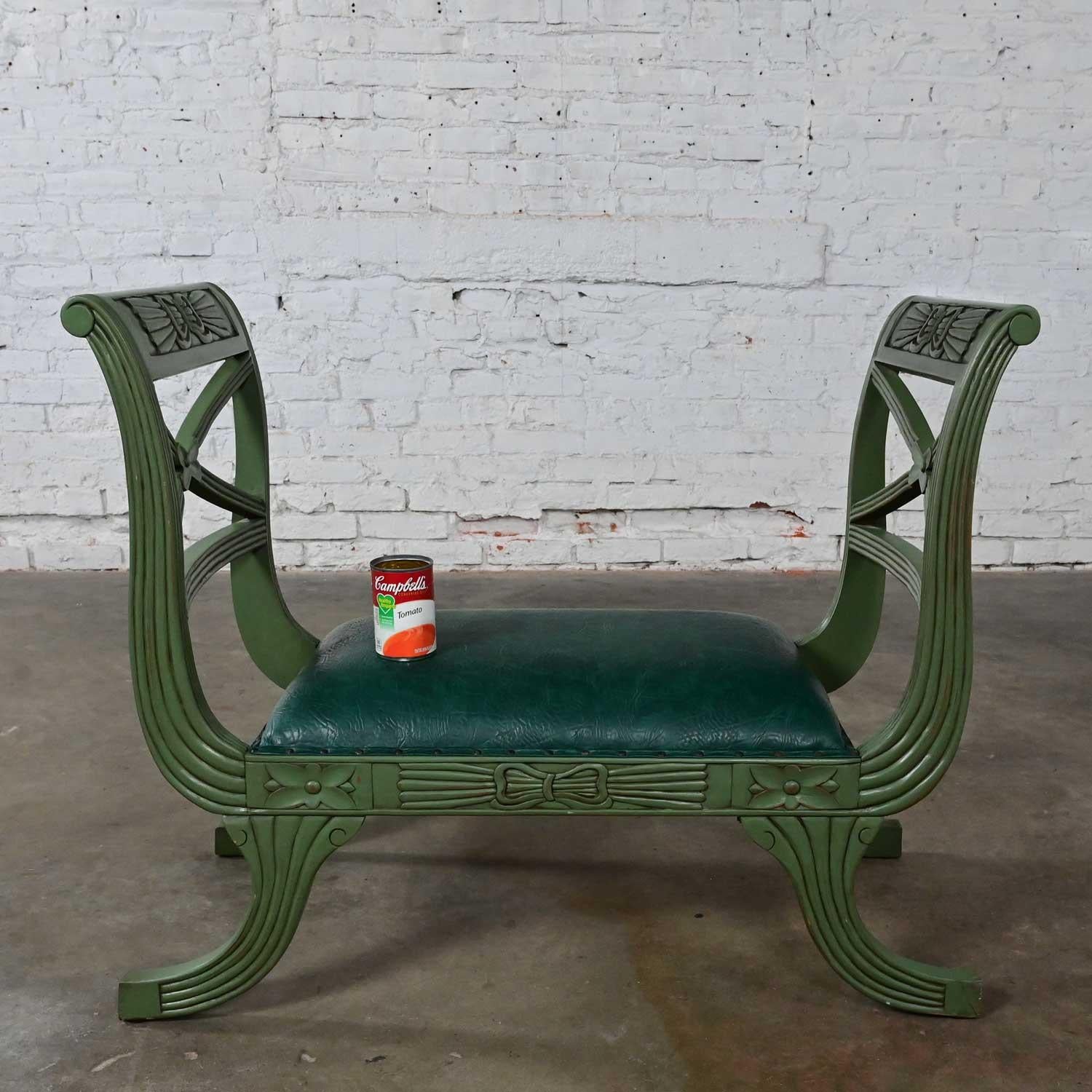 Mid-20th Century Neoclassic Style Hunter Green Faux Leather Short Bench or Stool For Sale 6