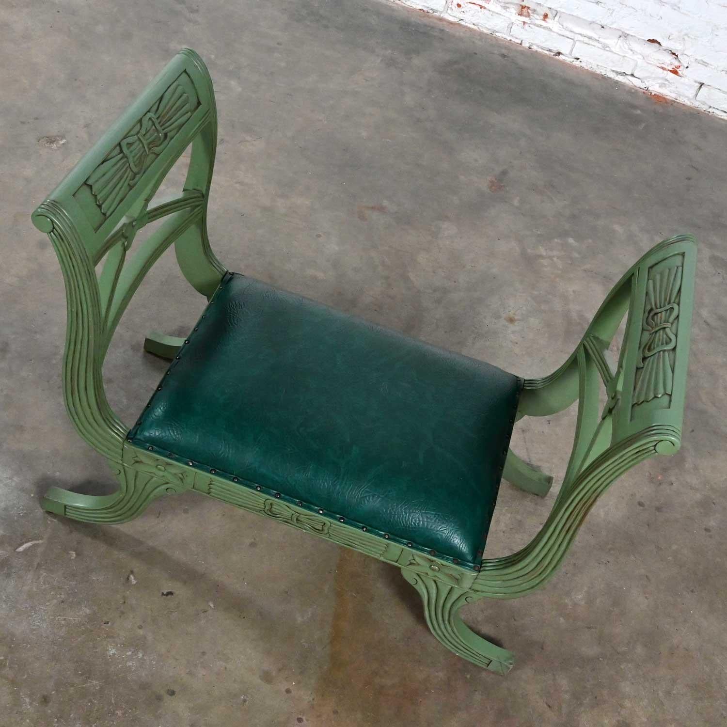 Mid-20th Century Neoclassic Style Hunter Green Faux Leather Short Bench or Stool For Sale 7
