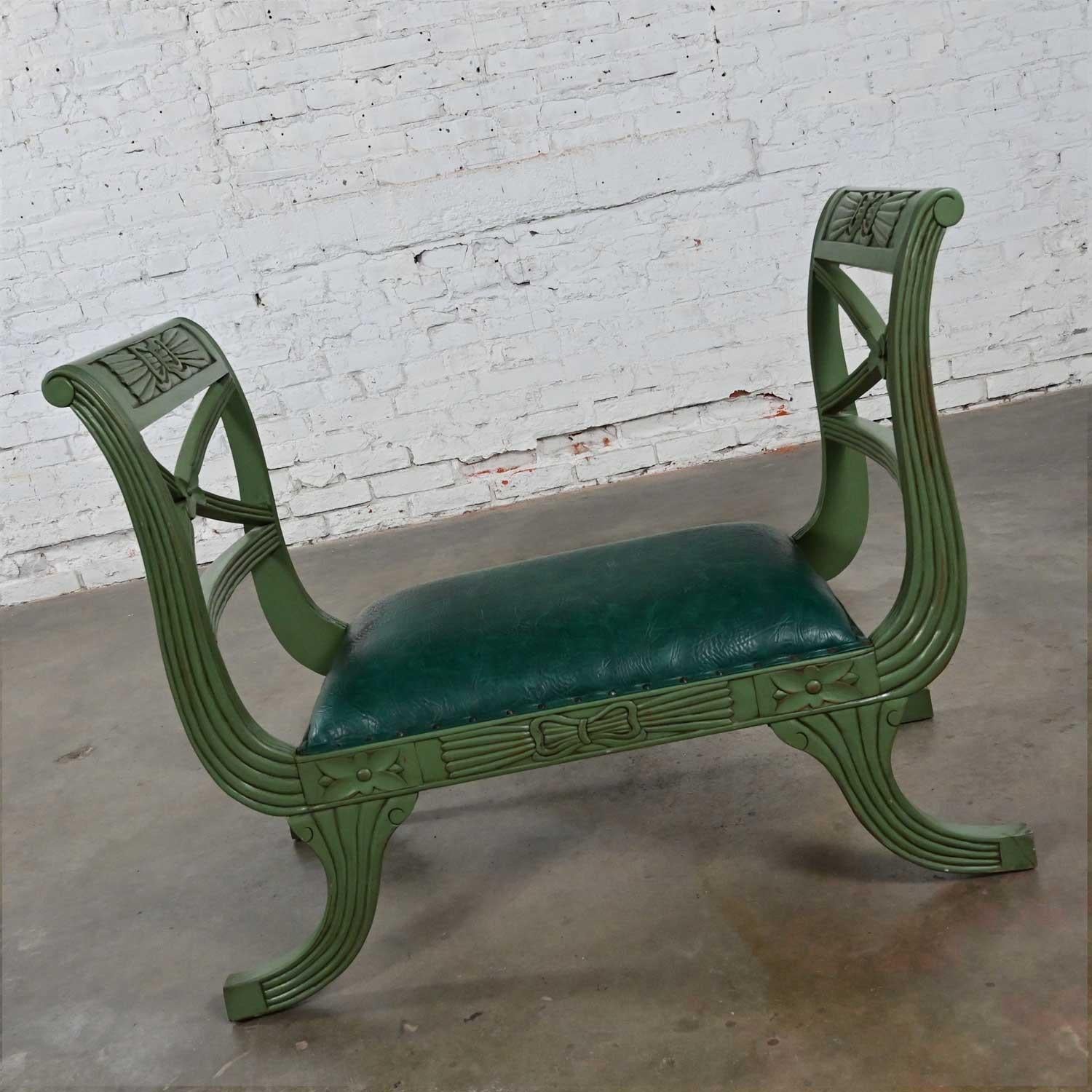 Mid-20th Century Neoclassic Style Hunter Green Faux Leather Short Bench or Stool For Sale 8