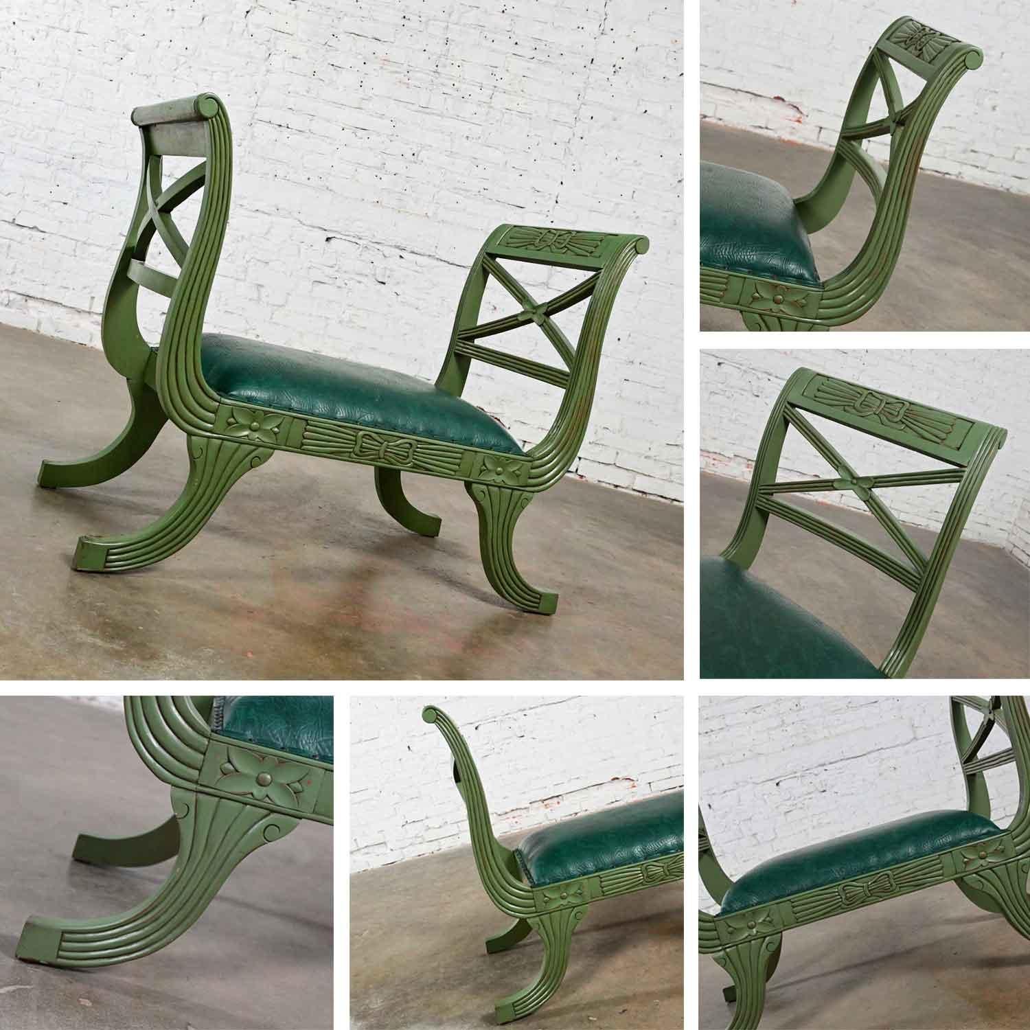 Mid-20th Century Neoclassic Style Hunter Green Faux Leather Short Bench or Stool For Sale 9