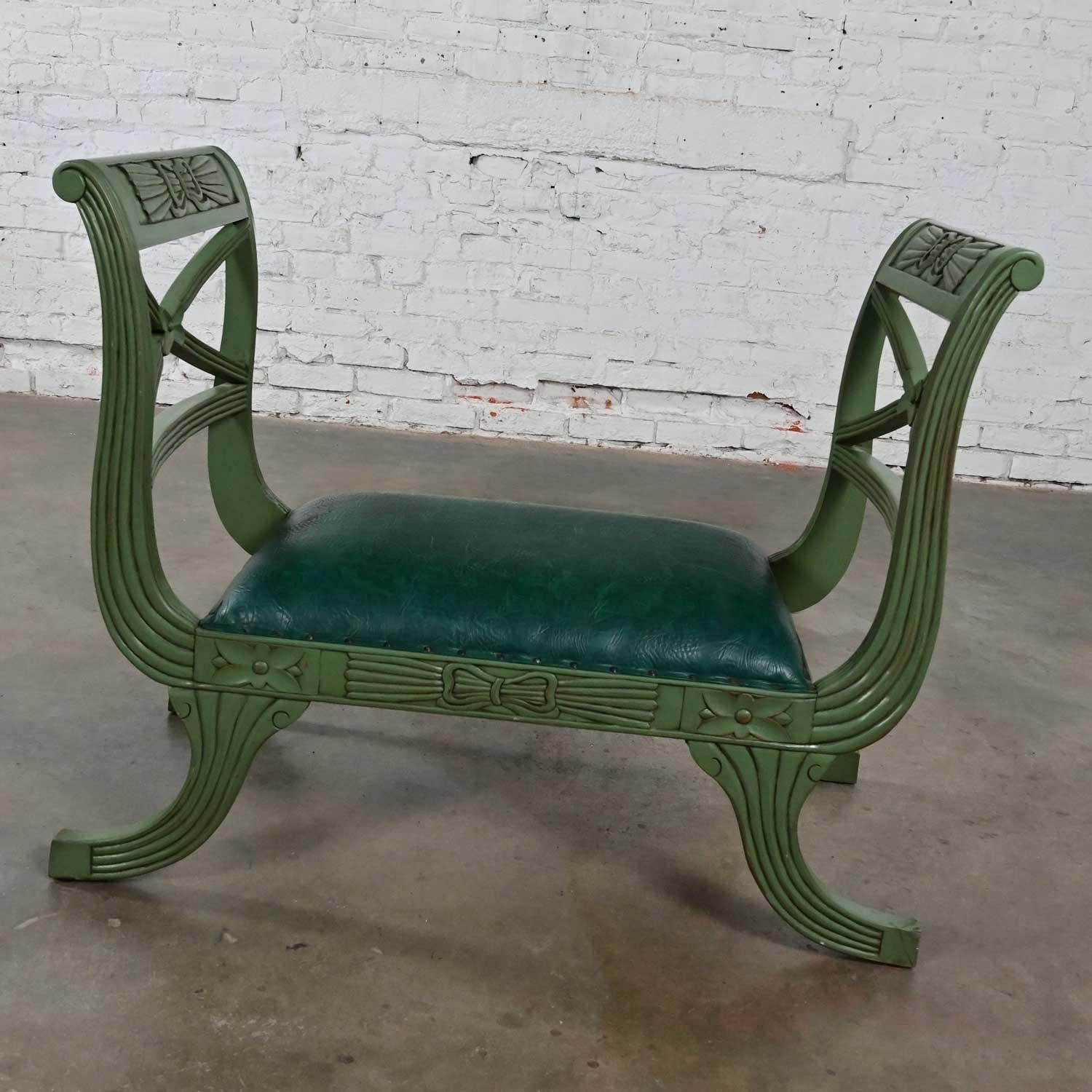 Mid-20th Century Neoclassic Style Hunter Green Faux Leather Short Bench or Stool For Sale 10