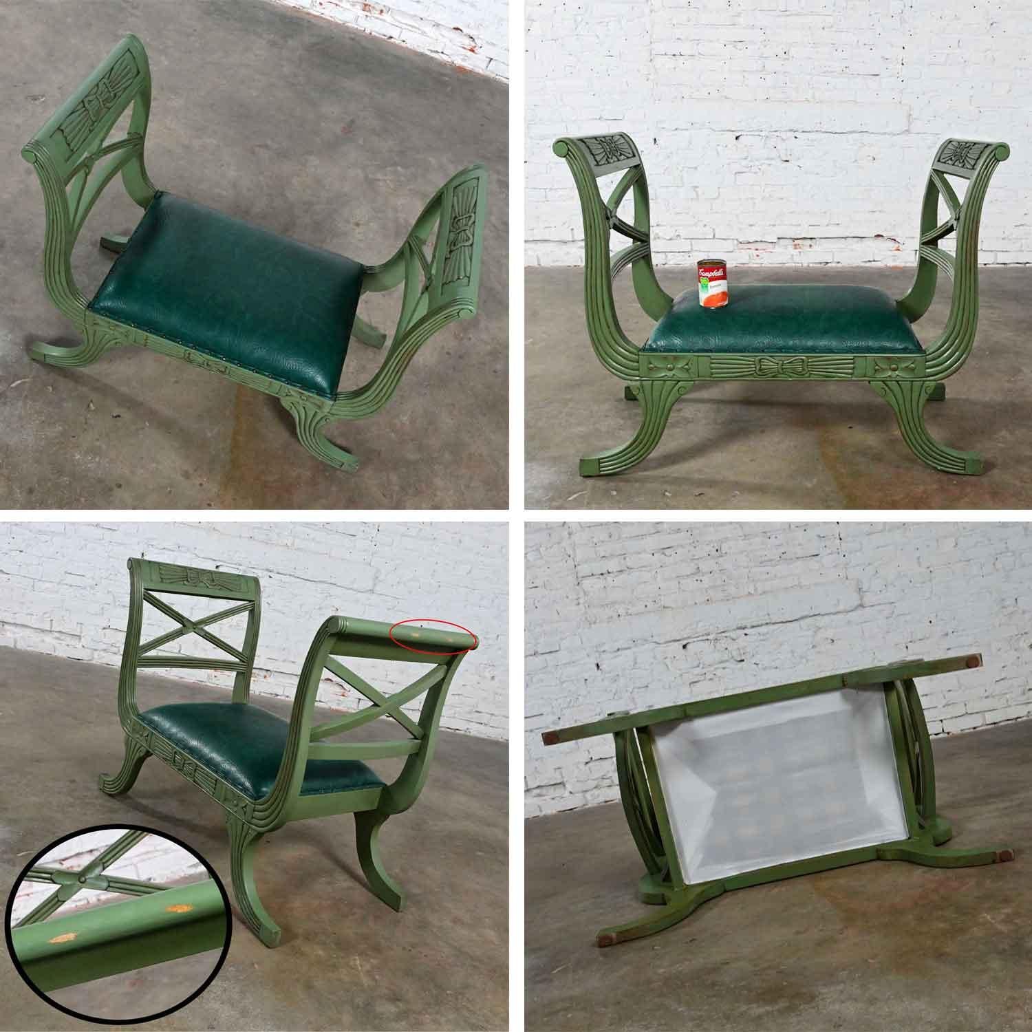 Mid-20th Century Neoclassic Style Hunter Green Faux Leather Short Bench or Stool For Sale 11