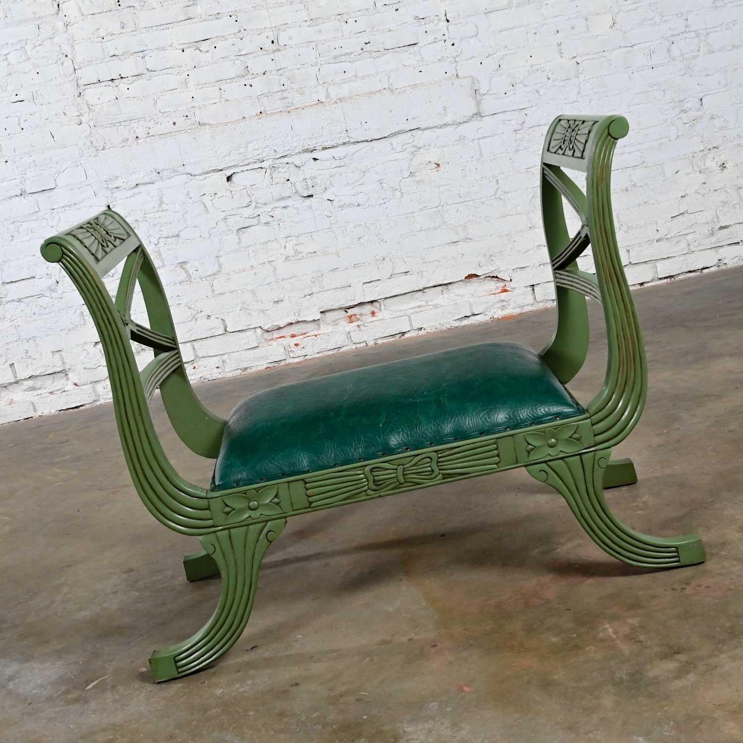Neoclassical Revival Mid-20th Century Neoclassic Style Hunter Green Faux Leather Short Bench or Stool For Sale