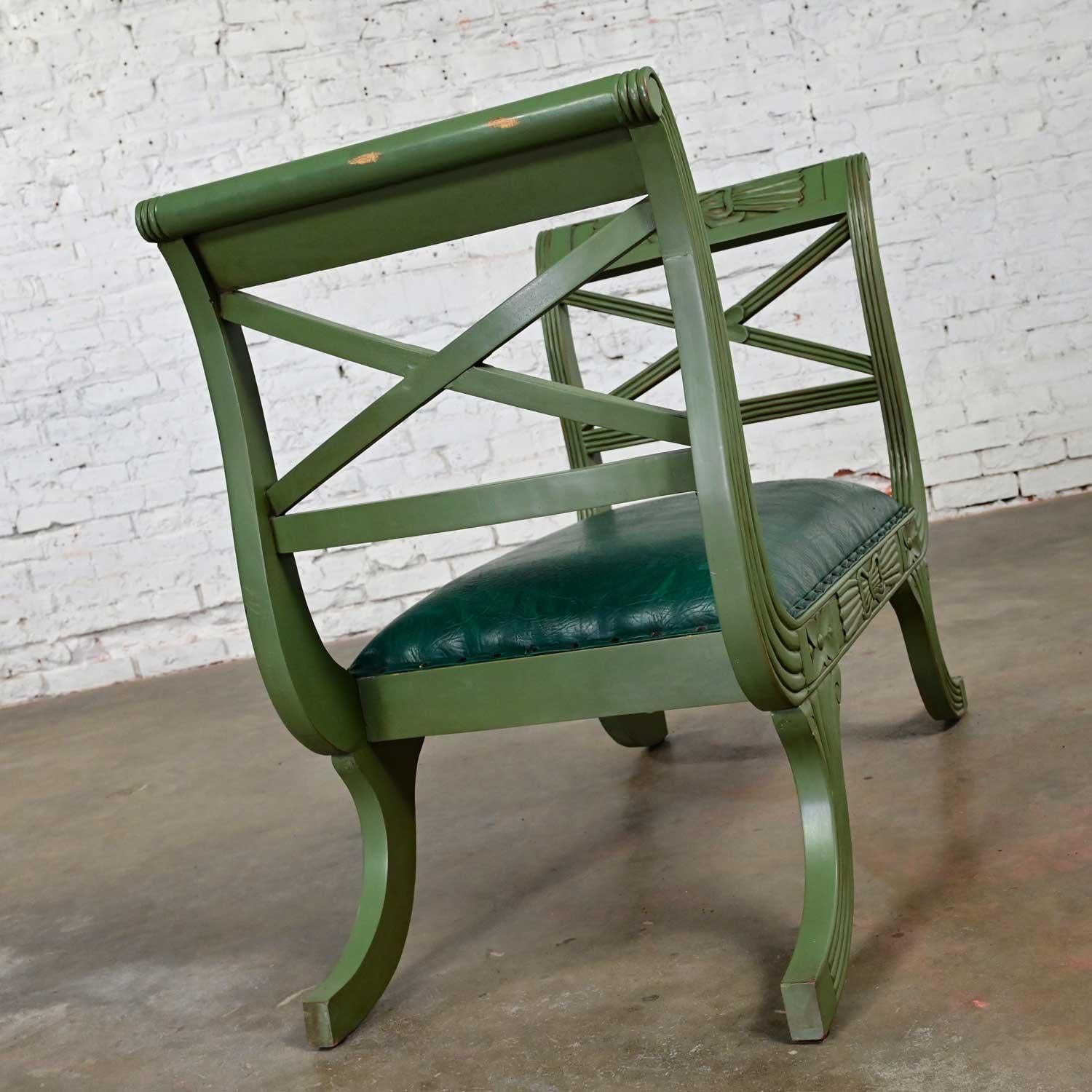 Metal Mid-20th Century Neoclassic Style Hunter Green Faux Leather Short Bench or Stool For Sale