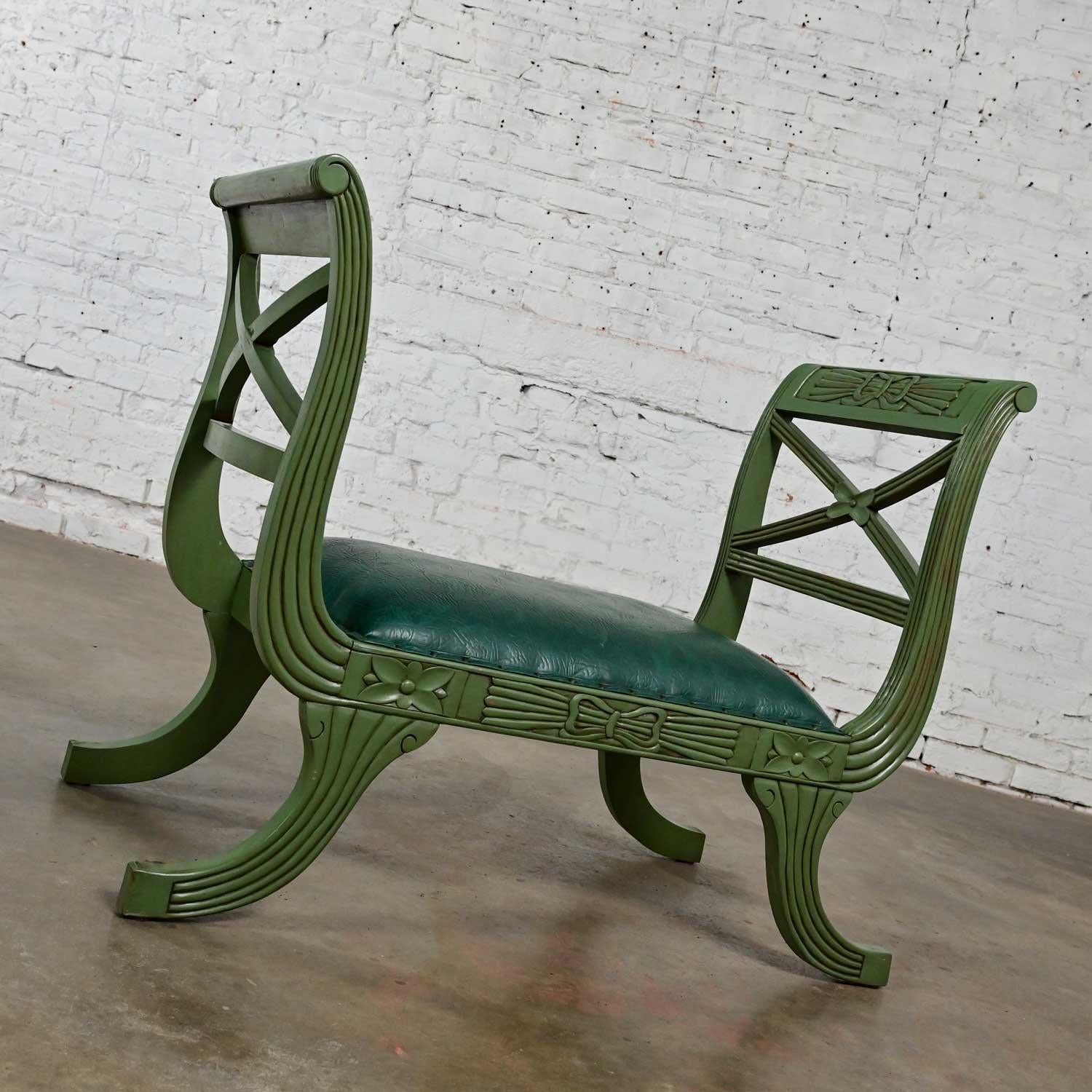 Mid-20th Century Neoclassic Style Hunter Green Faux Leather Short Bench or Stool For Sale 1