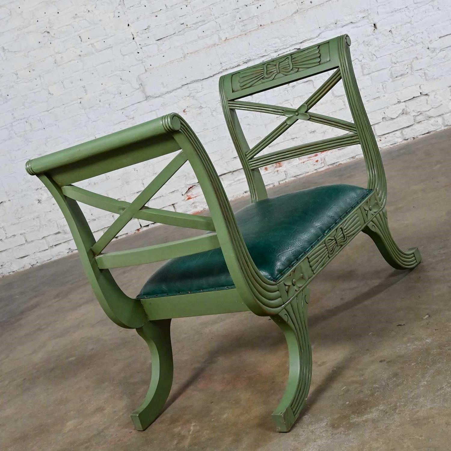 Mid-20th Century Neoclassic Style Hunter Green Faux Leather Short Bench or Stool For Sale 3