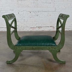Mid-20th Century Neoclassic Style Hunter Green Faux Leather Short Bench or Stool