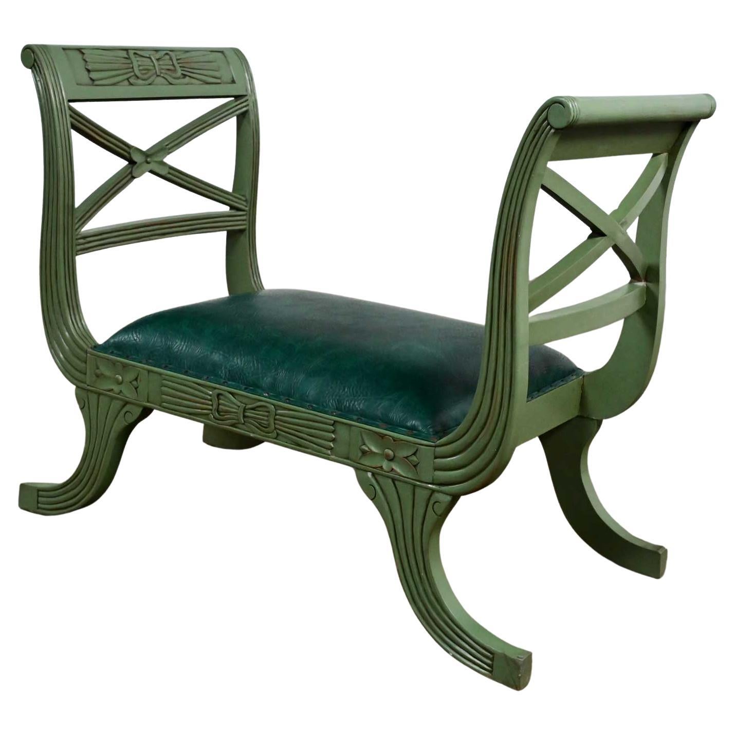 Mid-20th Century Neoclassic Style Hunter Green Faux Leather Short Bench or Stool For Sale