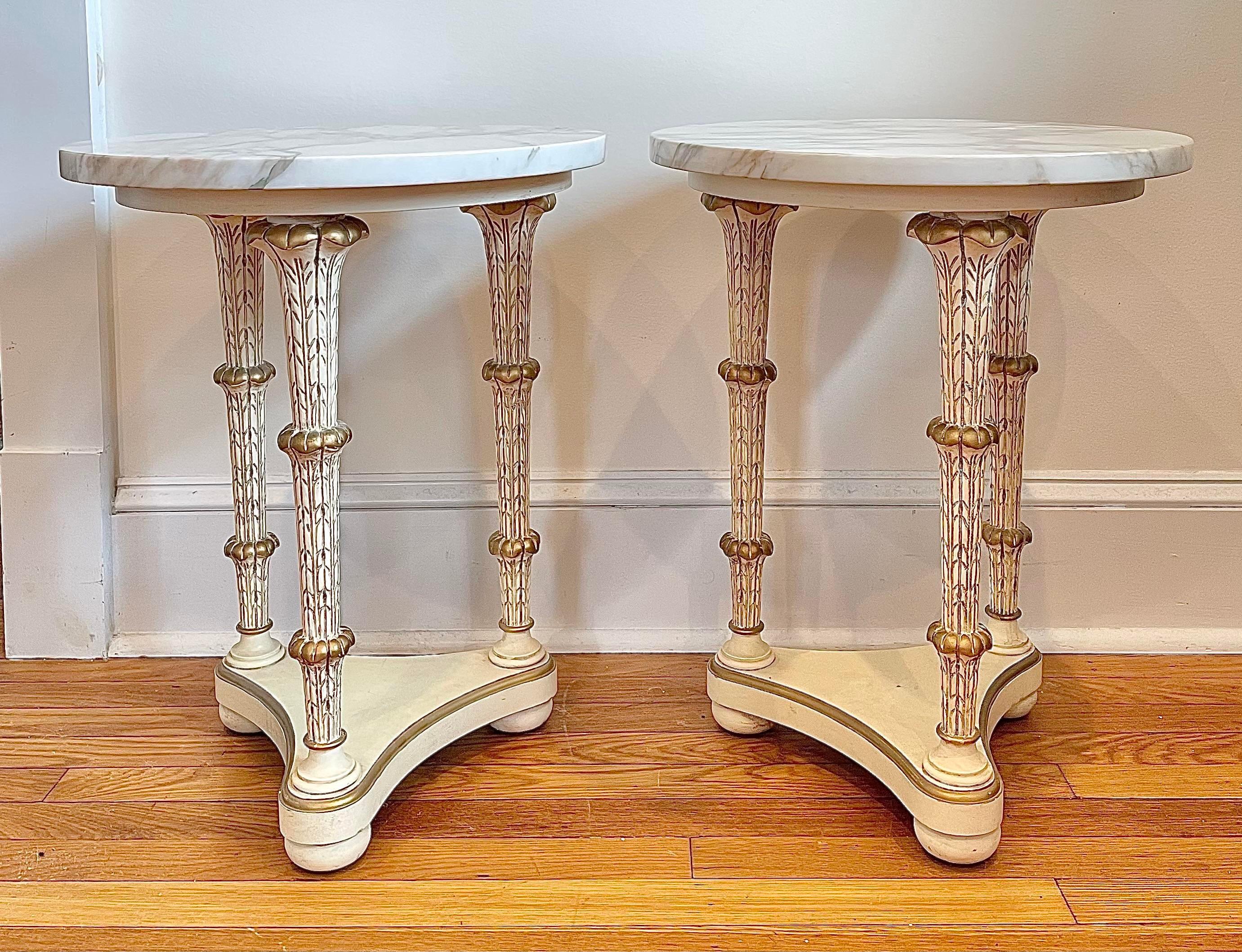 Beautiful pair of Neoclassical Gueridon tables. 3 acanthus leaf legs and wonderfully veined marble tops.
Curbside delivery available to NYC/Philly $300